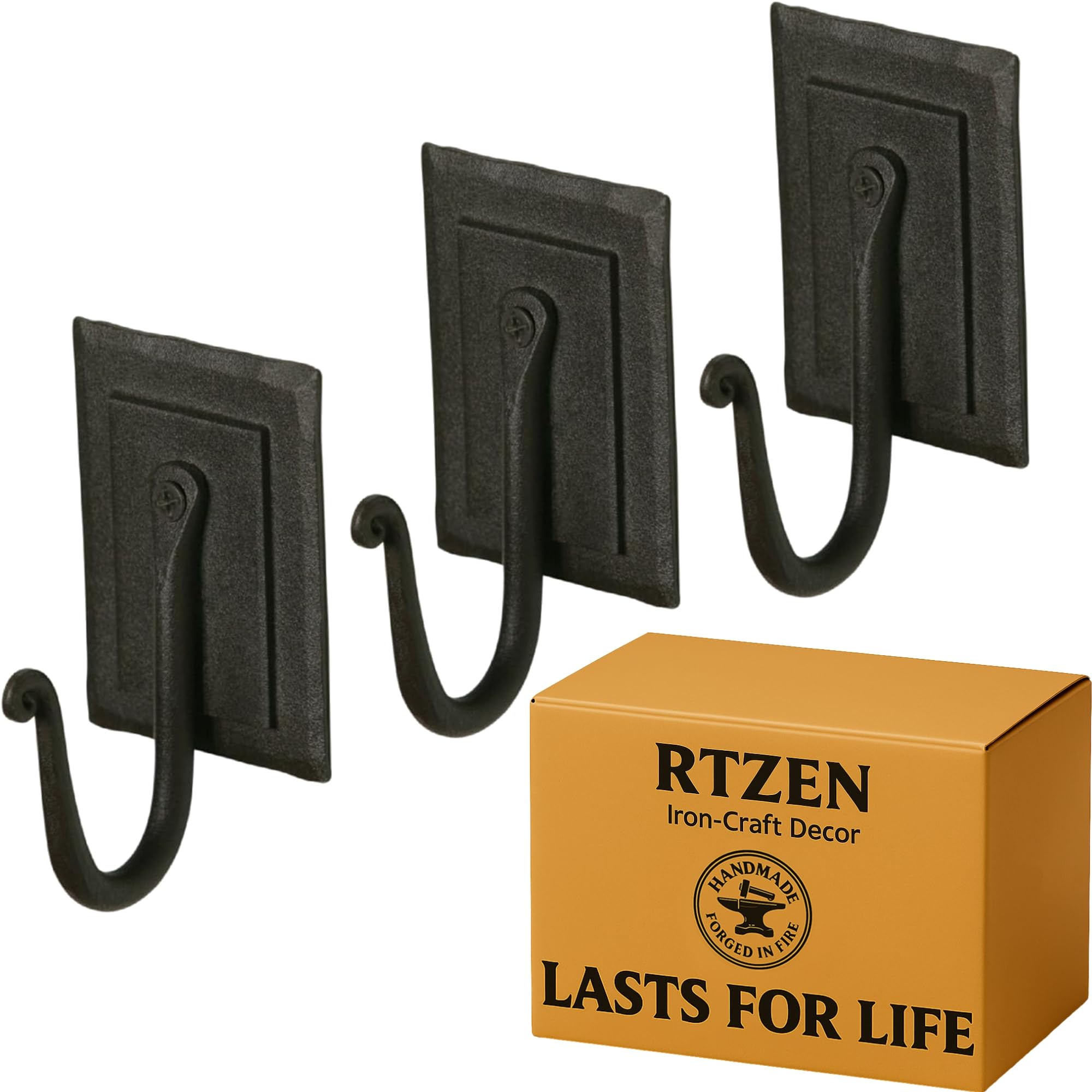 Black Double Plate Wrought Iron Wall Hooks 3 Pack