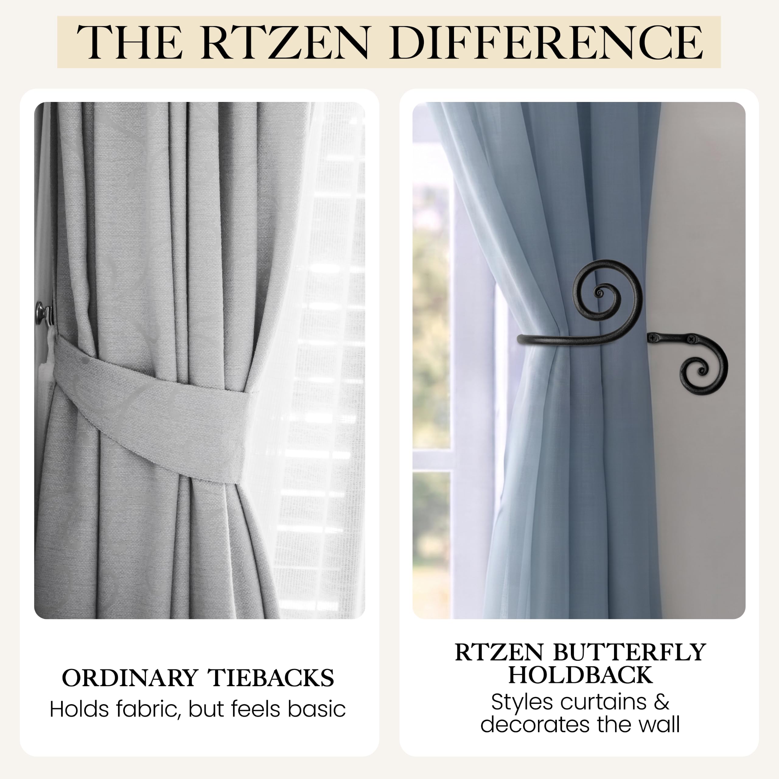 Black Swirly Curtain Holdbacks, Hand-Forged Wrought Iron Tiebacks - Image 8