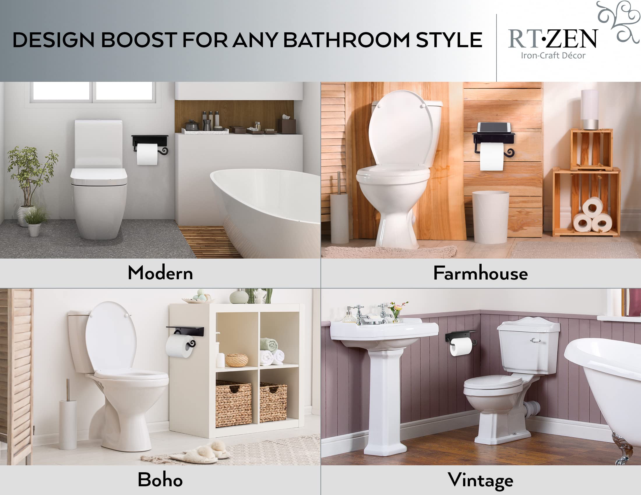 Black Stylish Wall Mounted Toilet Paper Holder with Shelf - Image 3