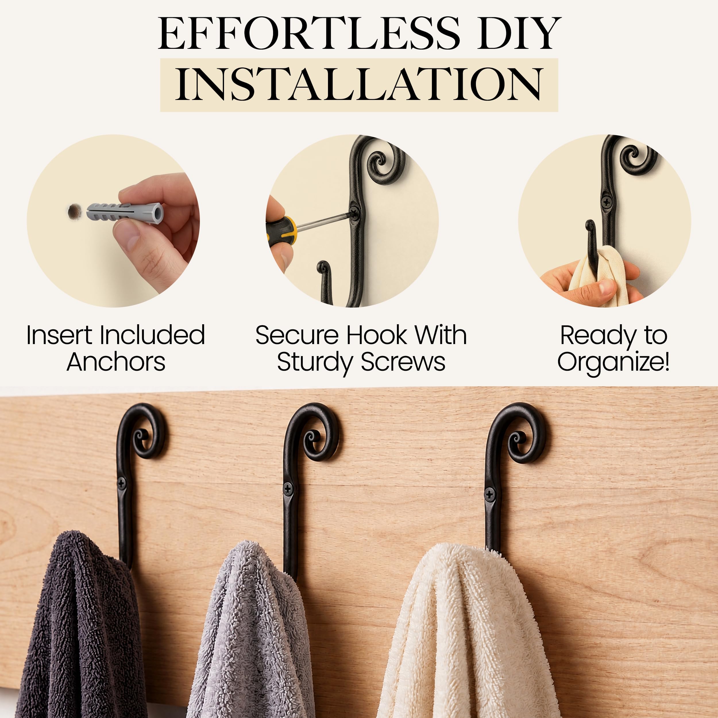 Black Swirl Wrought Iron Wall Hooks 3 Pack - Image 6