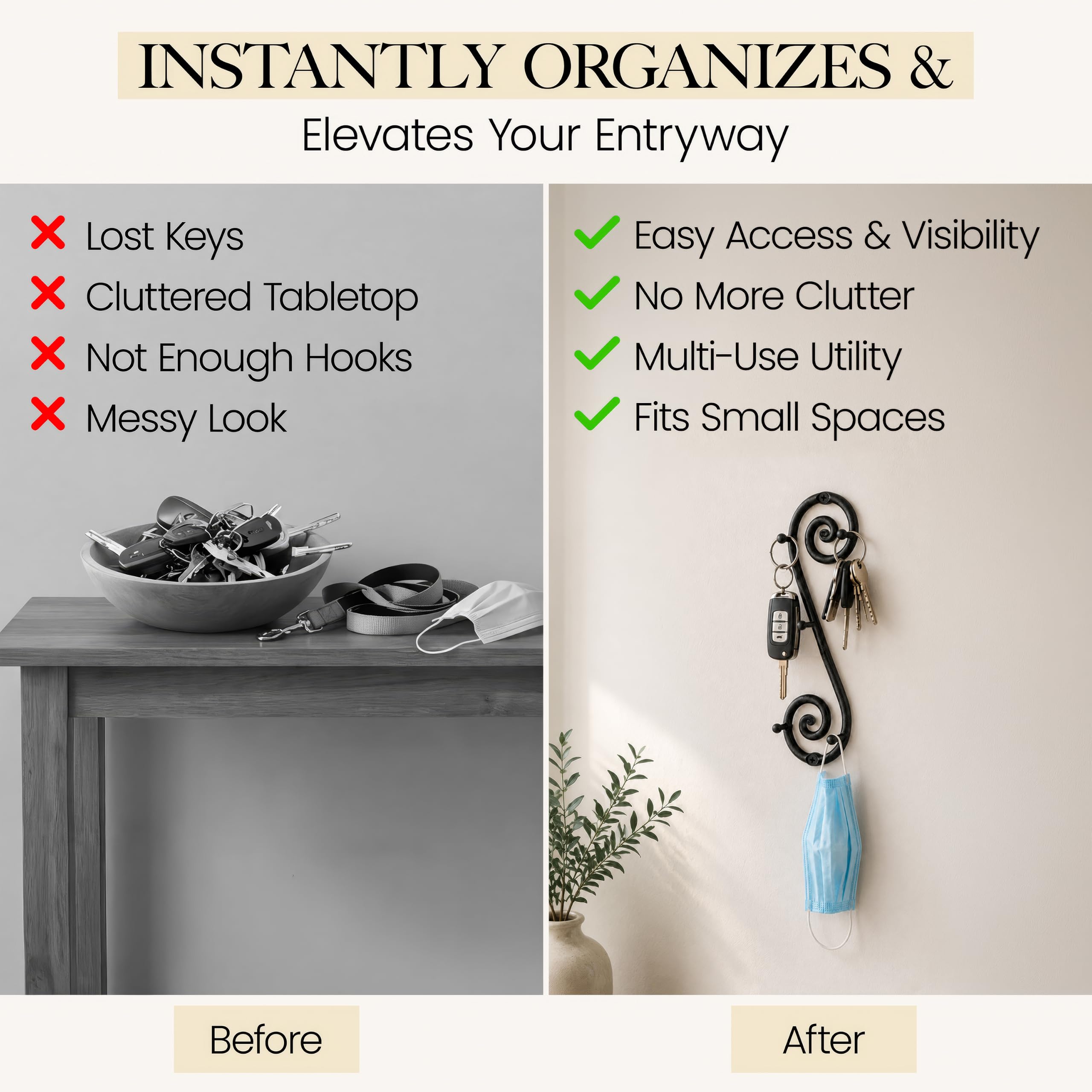 Black Vertical Wall Mounted Key Holder with 5 Hooks - Image 4
