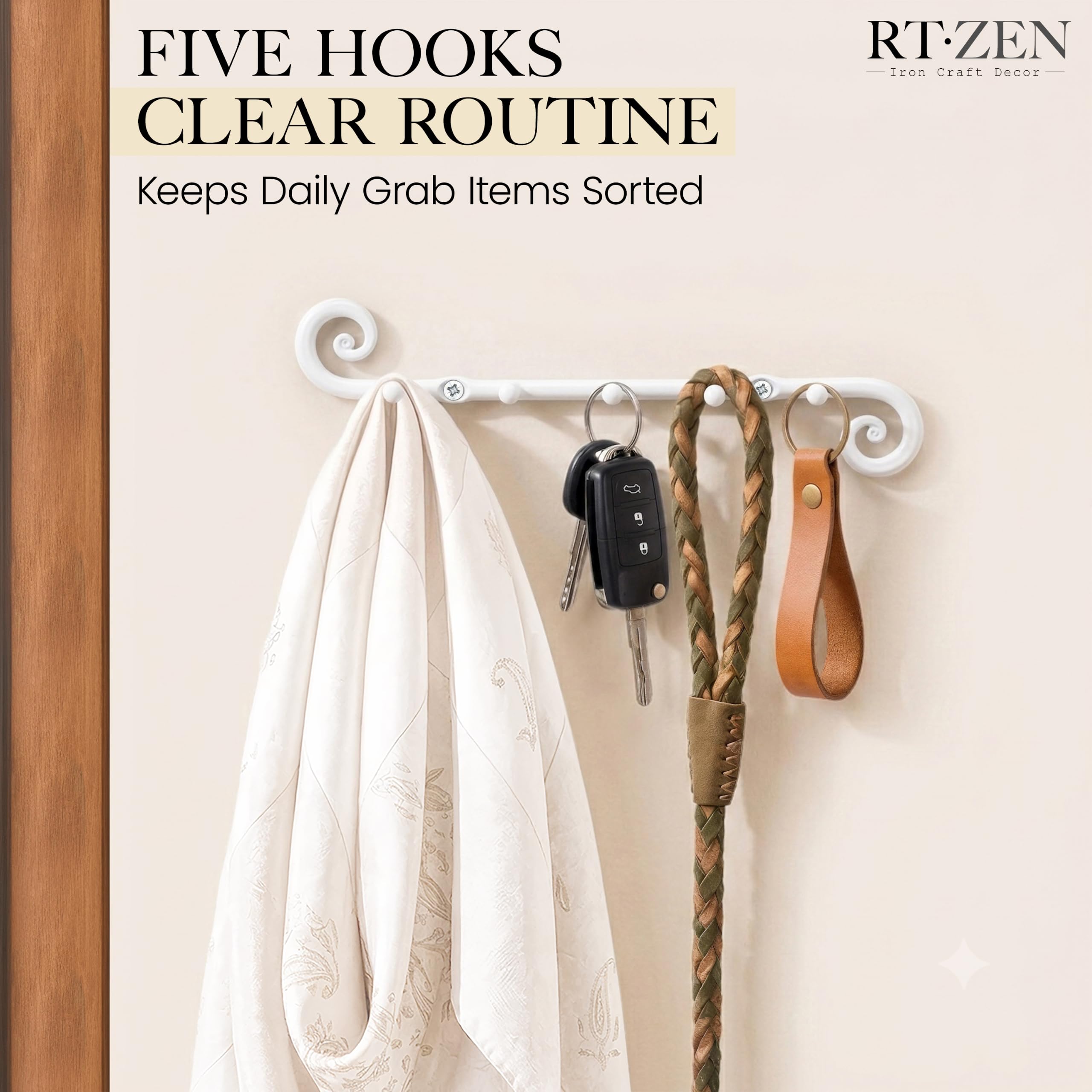 White Classic Wall Mounted Key Holder with 5 Hooks - Image 3