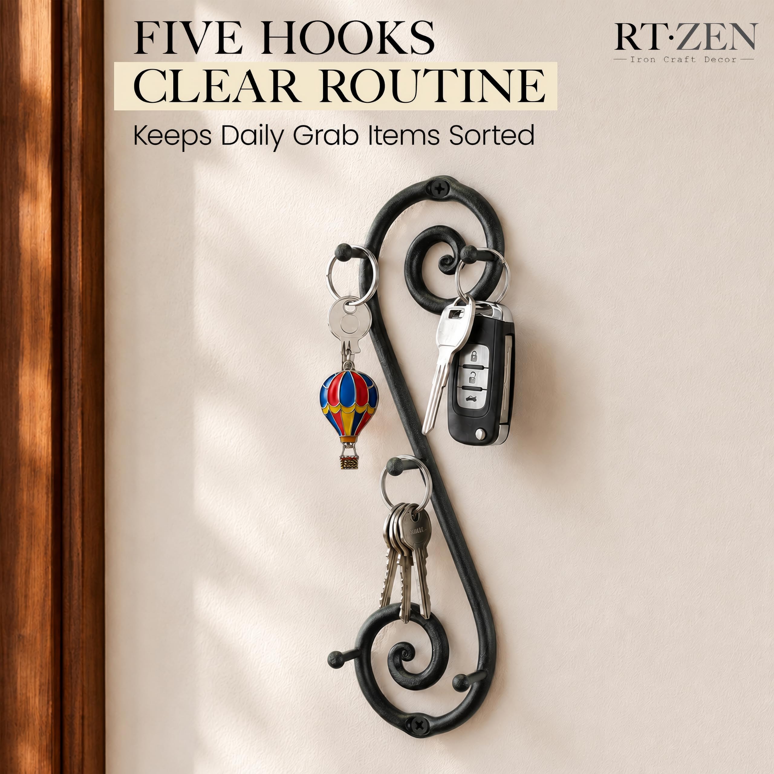 Black Vertical Wall Mounted Key Holder with 5 Hooks - Image 6