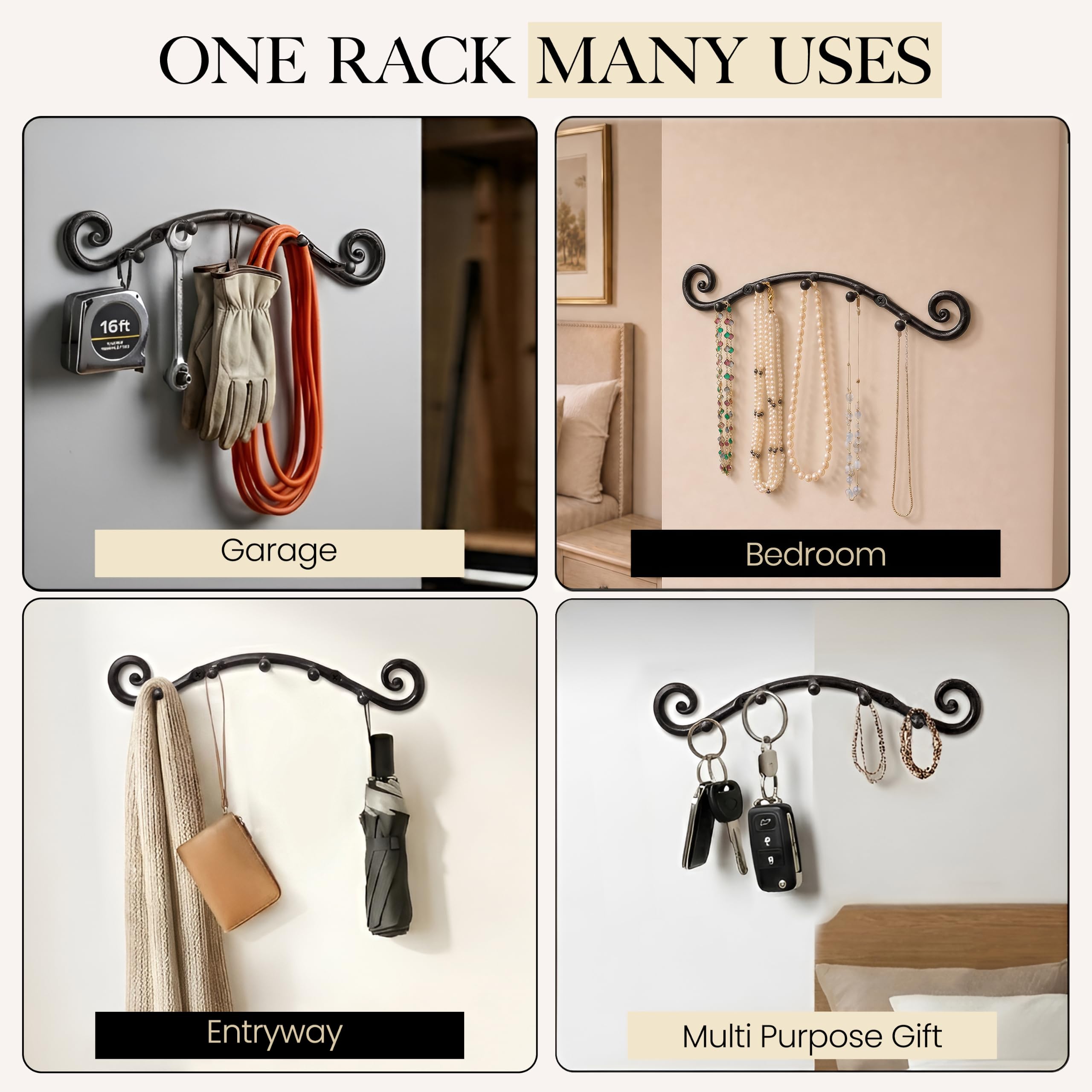 Black Swirly Wall Mounted Key Holder with 5 Hooks - Image 5