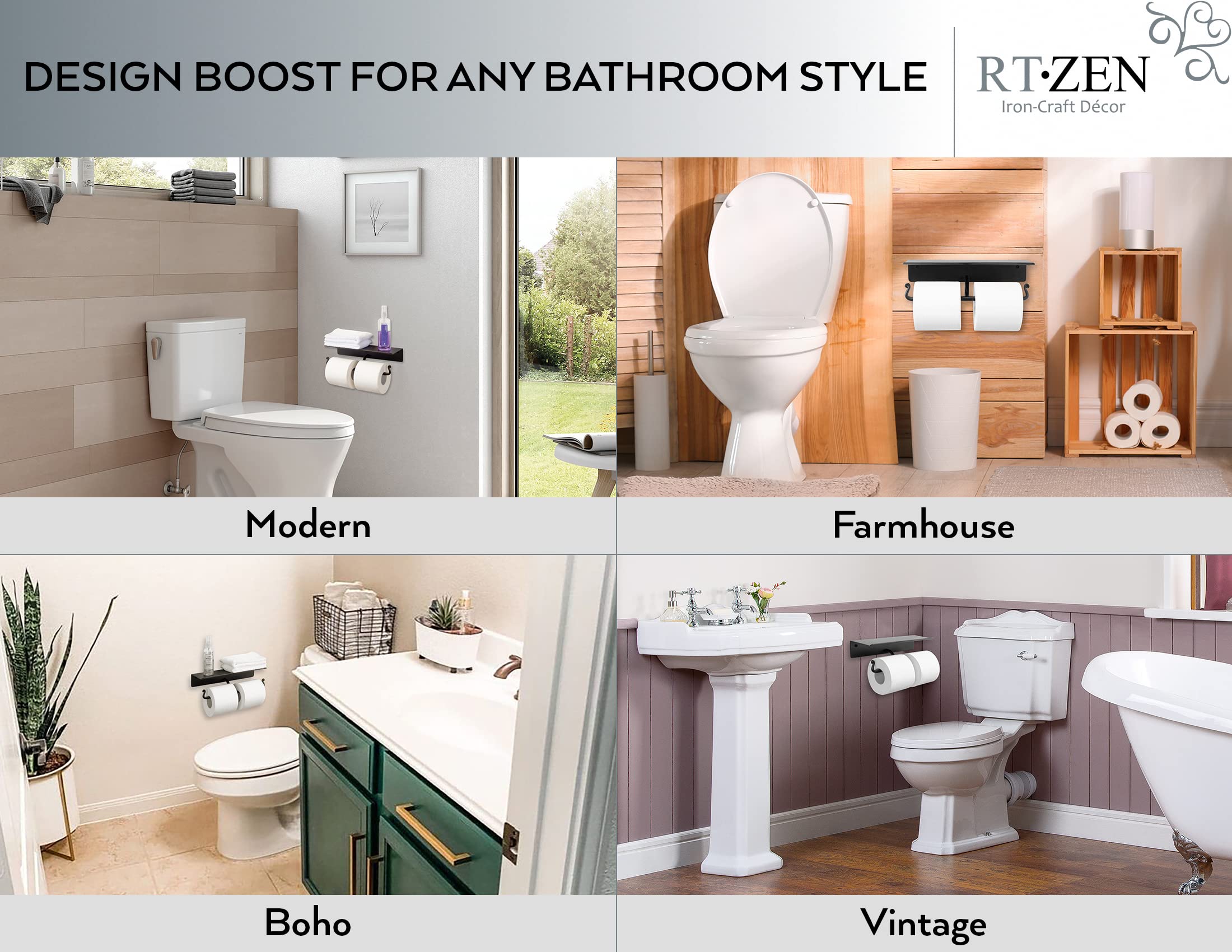Black Double Wall Mounted Toilet Paper Holder with Shelf - Image 3