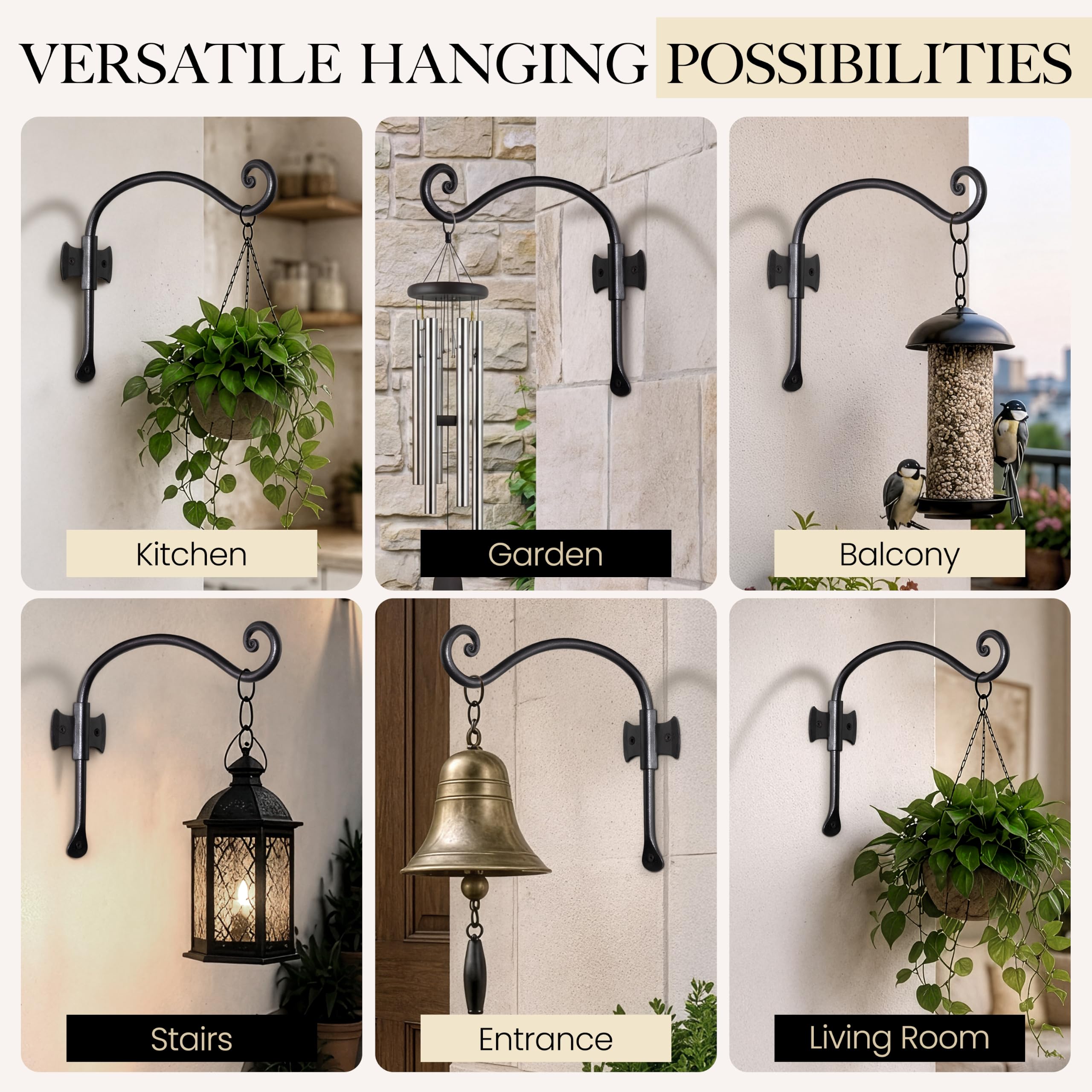 Black Curved Hooks 10" Wrought Iron Wall Mounted Plant Hanger 2 Pack - Image 9