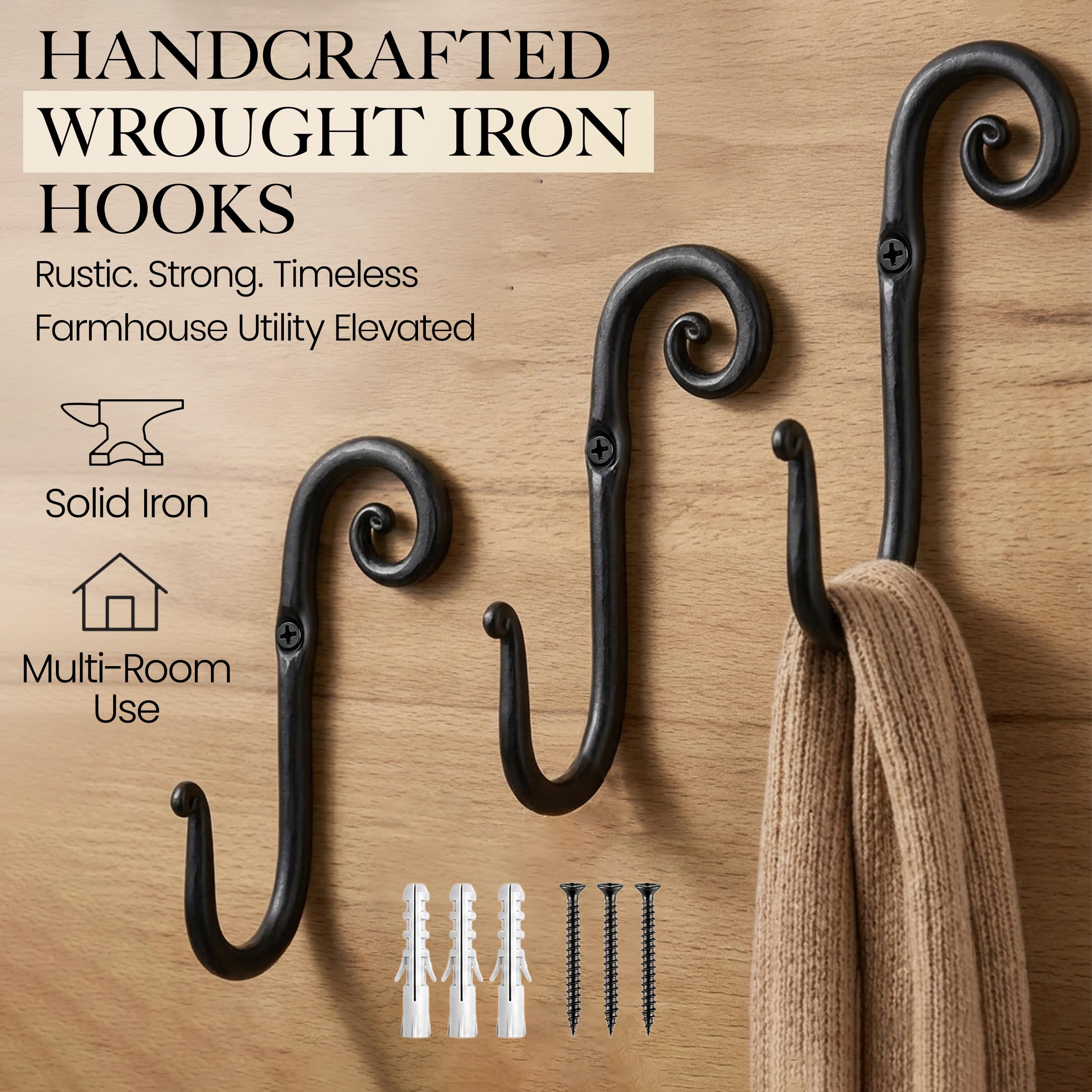 Black Swirl Wrought Iron Wall Hooks 3 Pack - Image 4