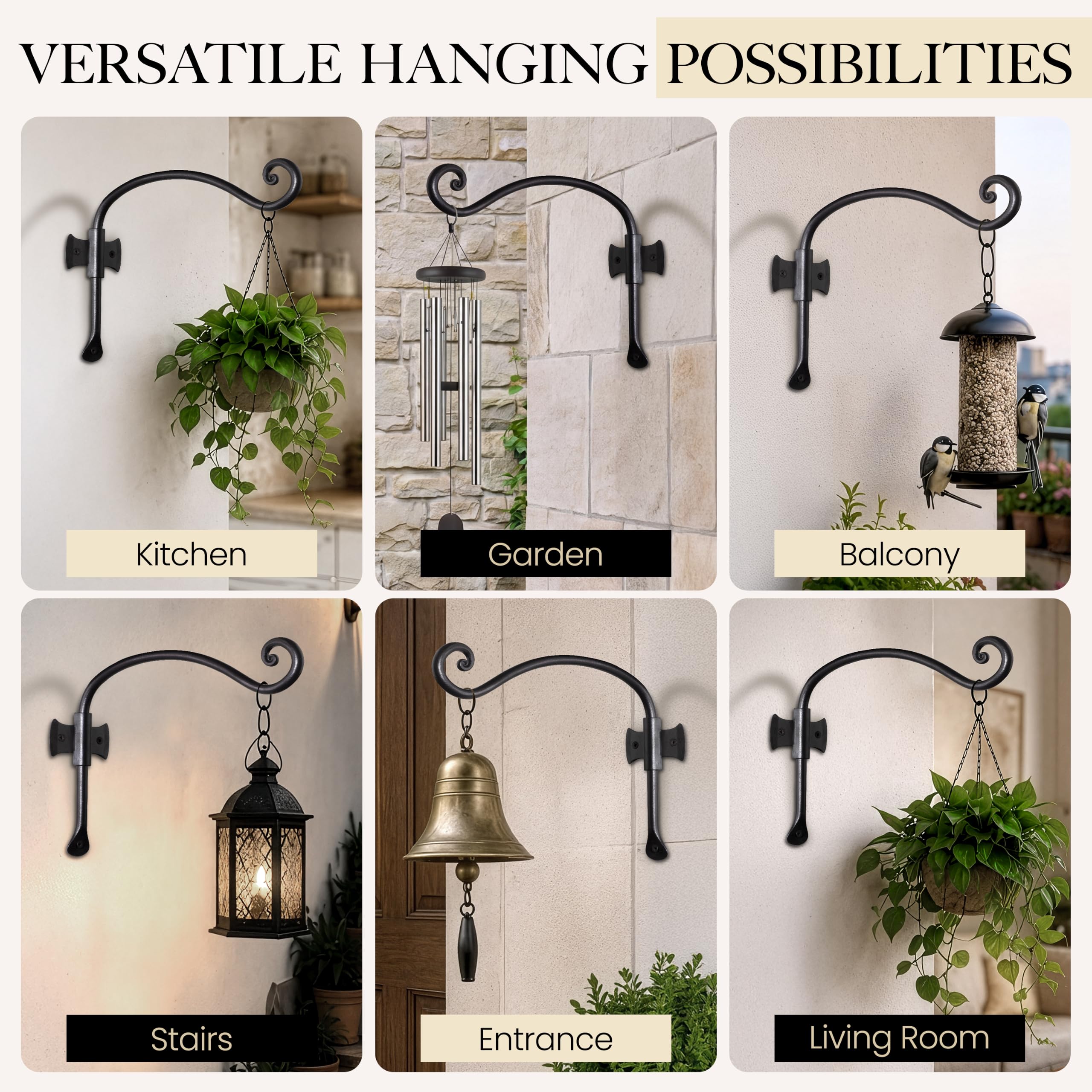 Black Curved Hooks 12" Wrought Iron Wall Mounted Plant Hanger 2 Pack - Image 9