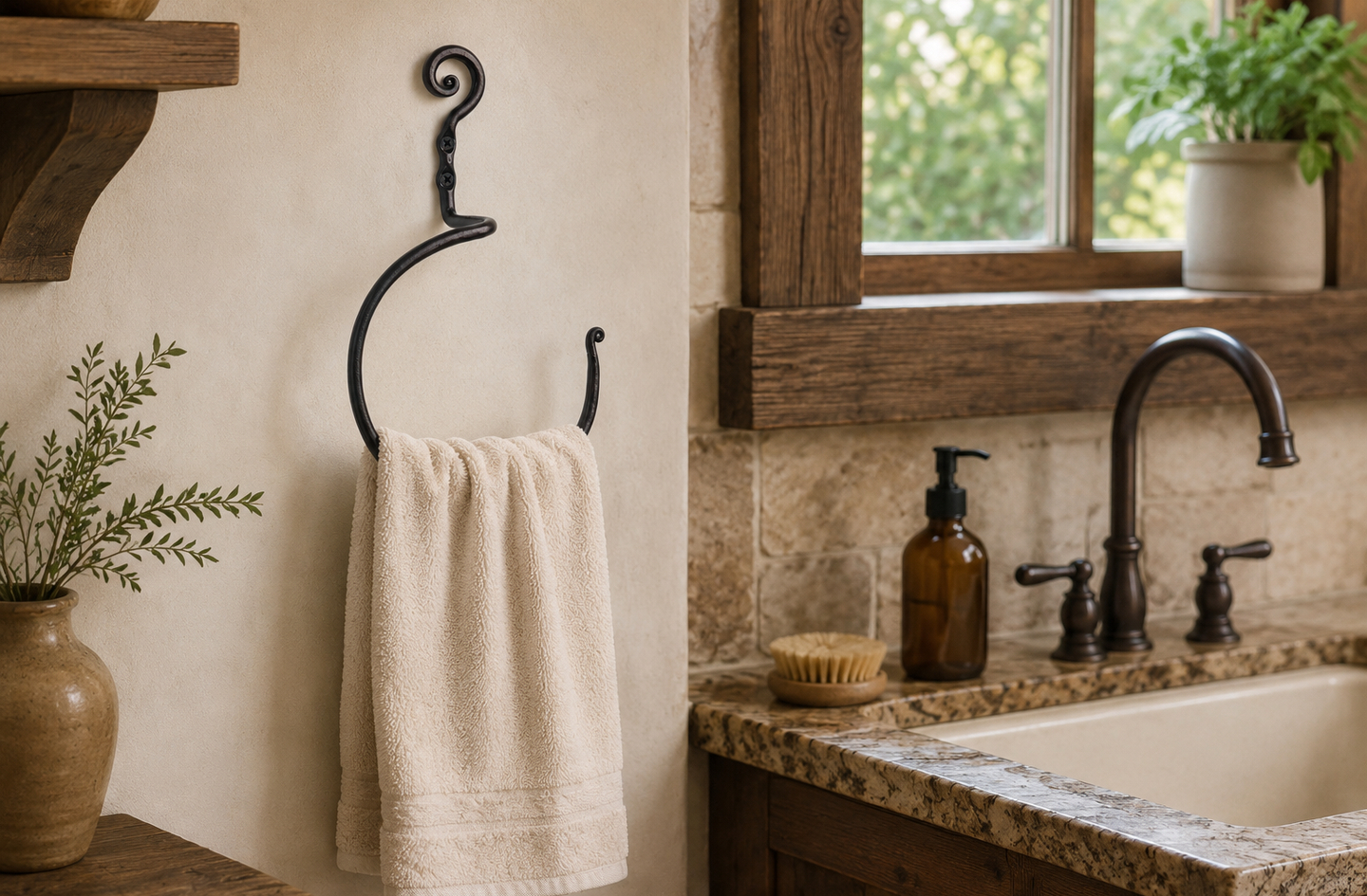 RTZEN wrought iron circular towel ring with cream hand towel in a rustic bathroom