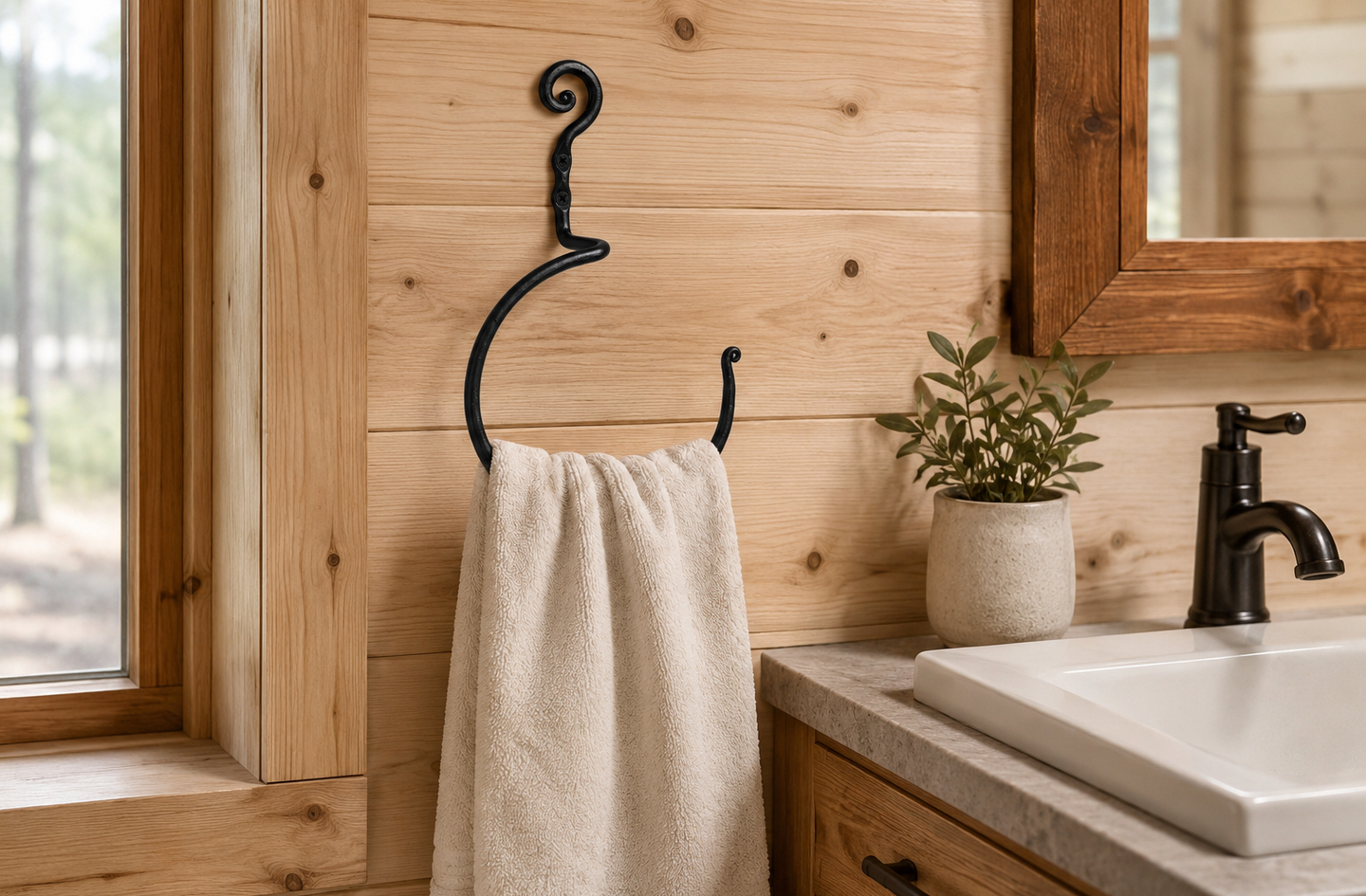 Hand towel ring in black wrought iron circle style, wall-mounted beside a bathroom vanity holding a beige hand towel