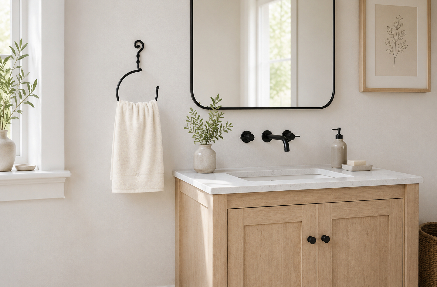 RTZEN Hand Towel Ring hand towel holder mounted on bathroom wall beside light wood vanity with marble countertop, holding a neutral-toned hand towel near the sink