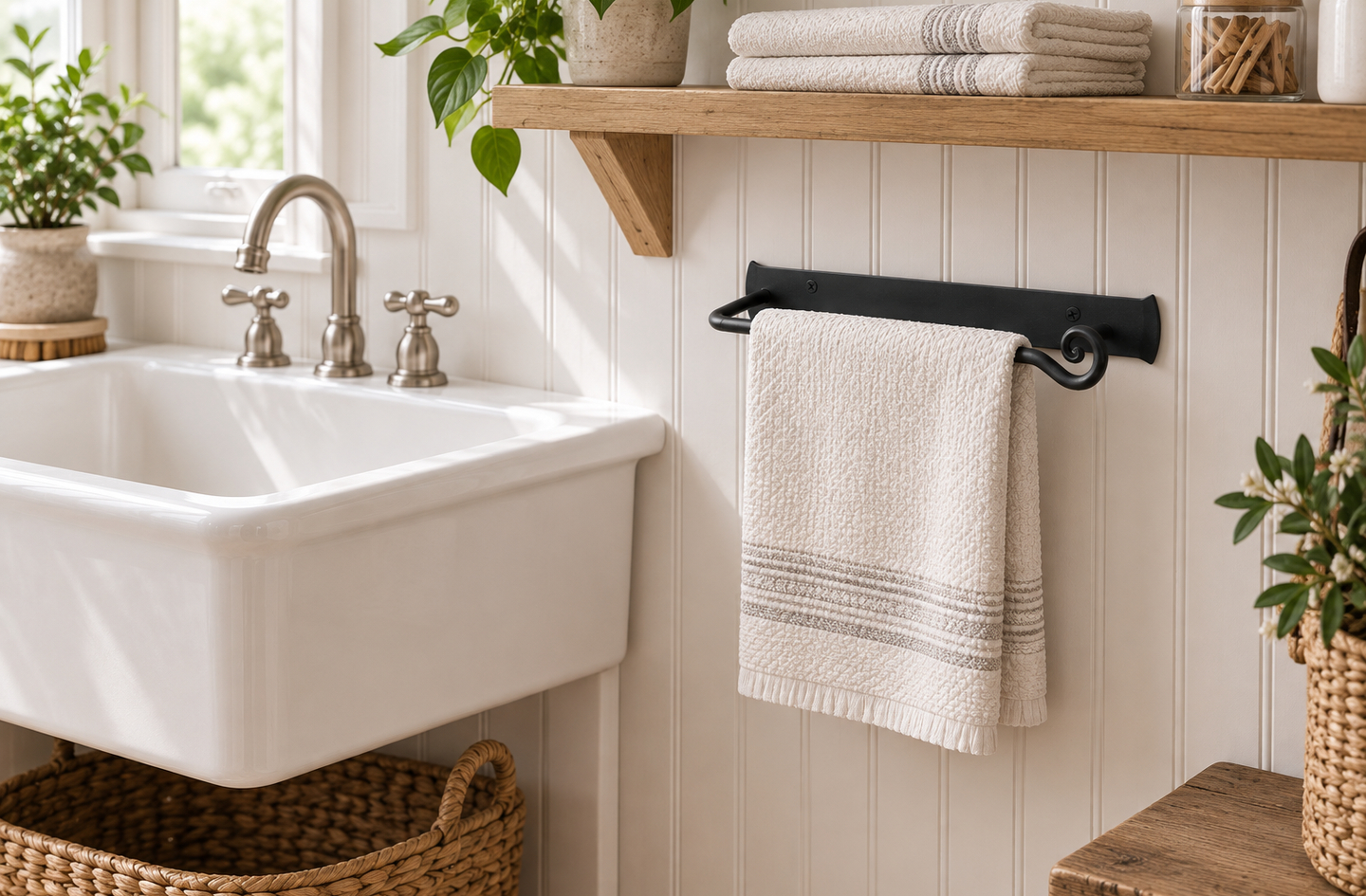 RTZEN Wrought Iron Classic Hand Towel Hanger with scrollwork end brackets, holding a cream-colored textured hand towel fully open on a white beadboard wall beside a ceramic farmhouse sink