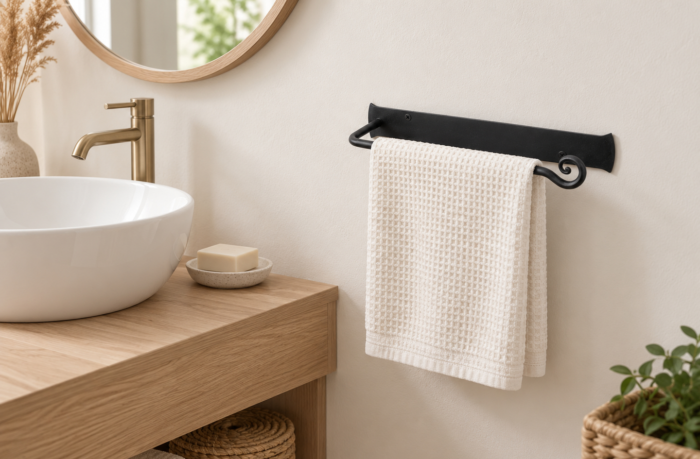 RTZEN Hand Towel Hanger Classic hand towel holder with scroll finials mounted on white wall holding a waffle-textured white hand towel in a bathroom with gold faucet and vessel sink