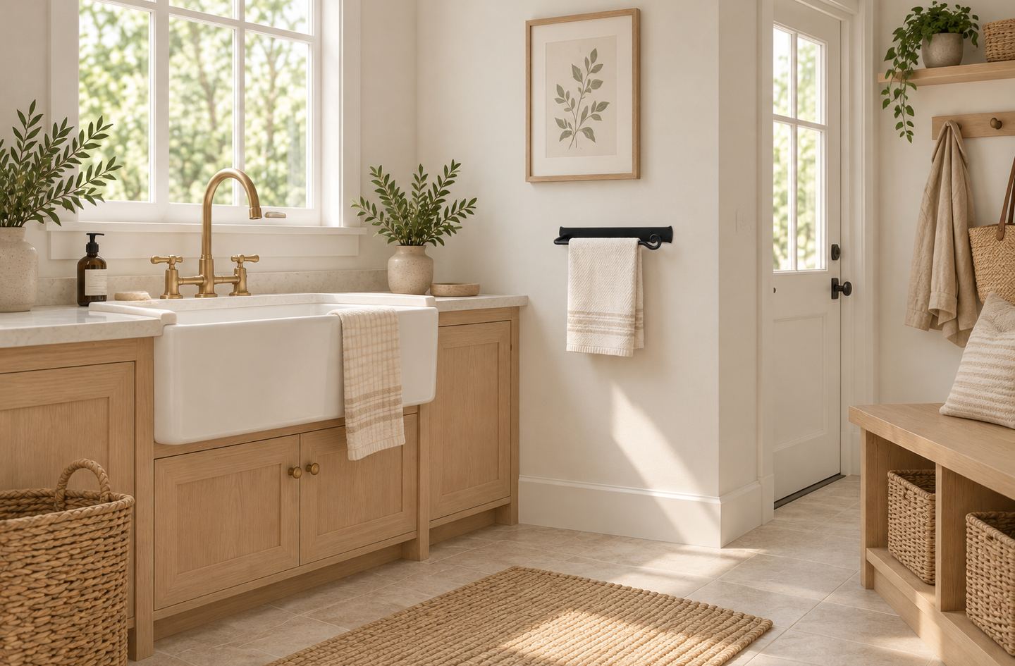 Kitchen towel bar mounted on a wall next to a farmhouse sink for daily hand drying