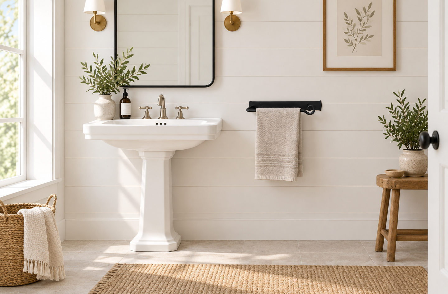 RTZEN wrought iron hand towel hanger in classic style mounted beside a pedestal sink, displaying a beige folded towel