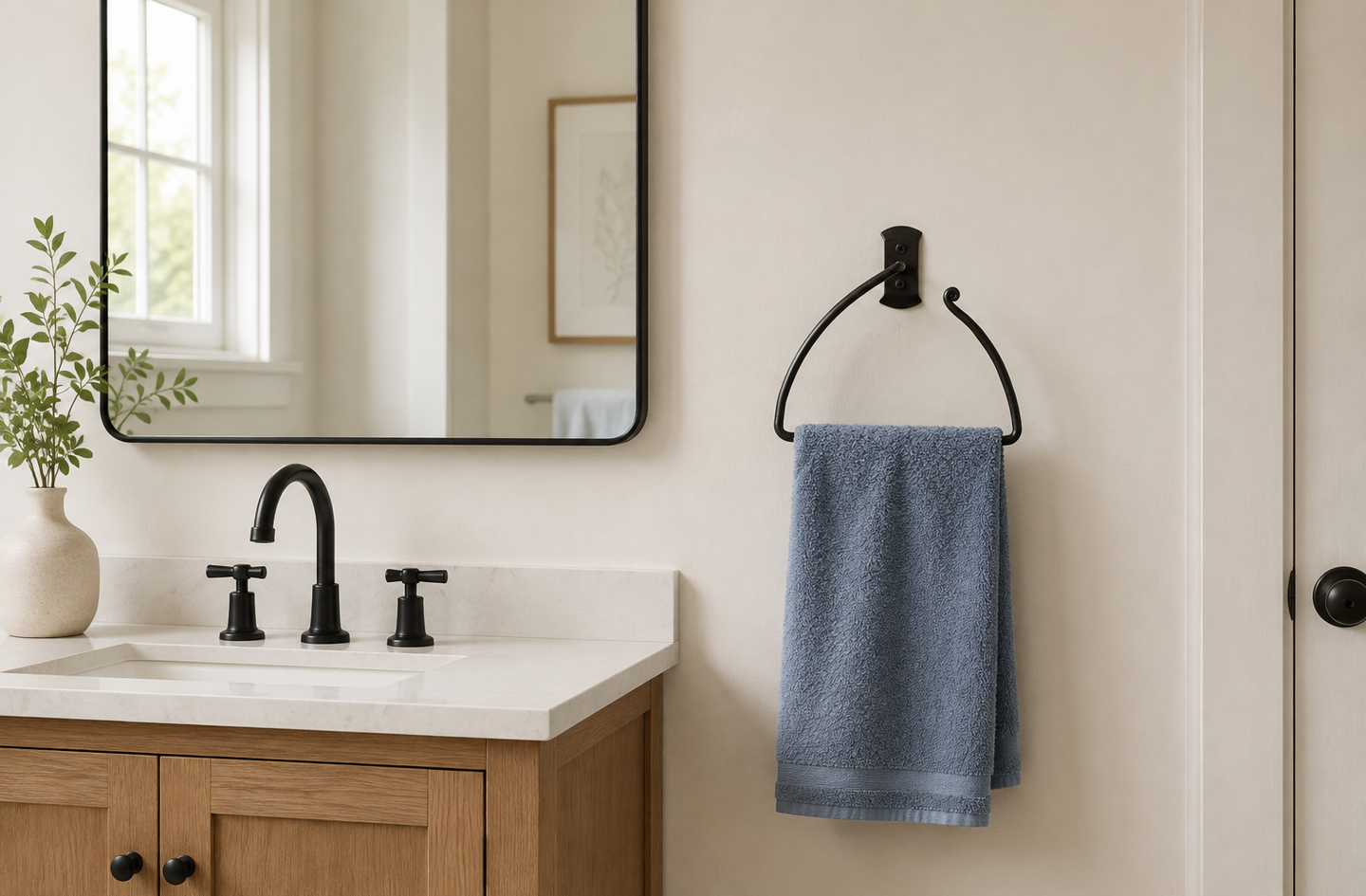 Towel ring vs towel bar: RTZEN Half-Circle Ring mounted on a light-colored wall beside a wood-toned vanity, holding a blue hand towel with a matching black faucet and mirror frame