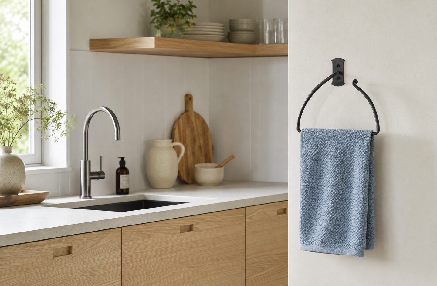RTZEN half-circle wrought iron hand towel ring mounted above a wooden kitchen countertop beside a stainless steel faucet, showing the wall projection and counter clearance below the hanging blue towel