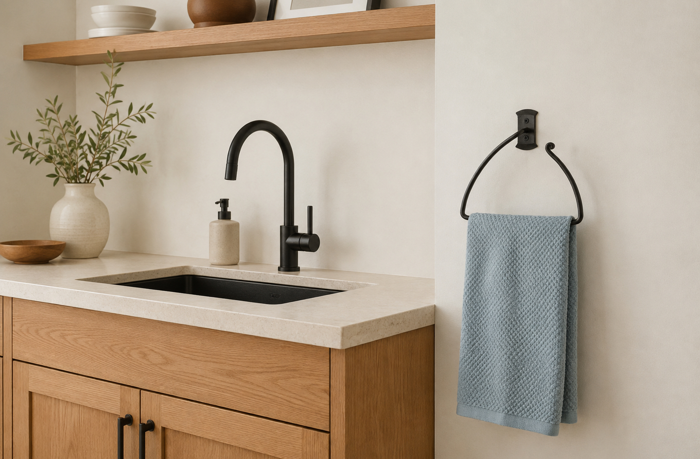 A blue textured hand towel hanging from an RTZEN wrought iron half-circle hand towel ring mounted at standard height of hand towel ring placement on a light-colored bathroom wall, next to a modern vanity with a matte black faucet and light stone countertop.