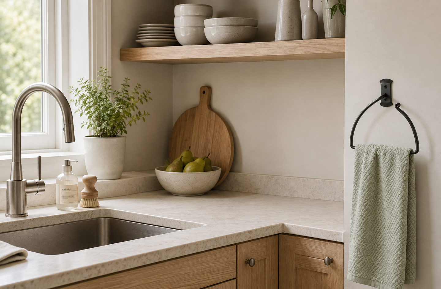 A hand towel hanger mounted at counter height beside a modern kitchen sink zone