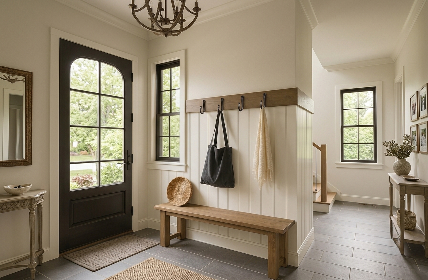 Entryway wall hooks mounted above a wooden bench in a sunlit hallway with a dark arched door and tiled floor