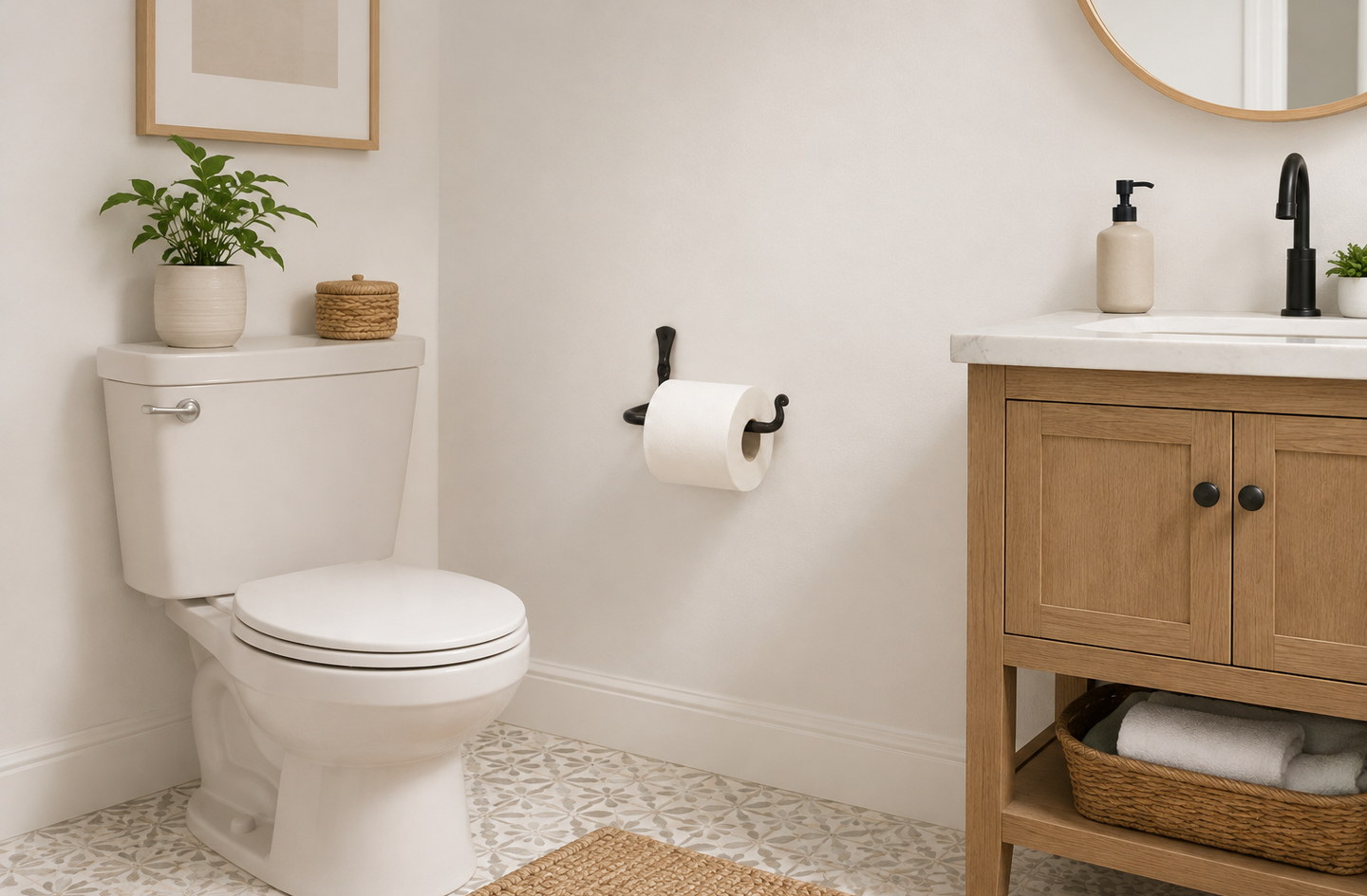 RTZEN classic toilet paper holder height placement on white wall between toilet and wooden vanity