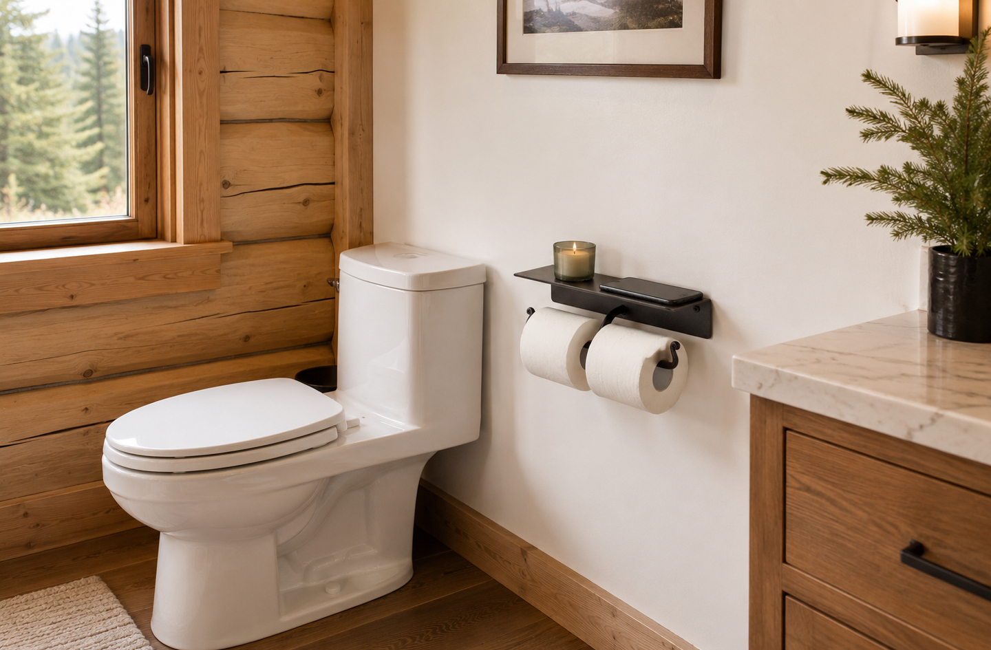 RTZEN double roll toilet paper holder with shelf mounted above a white toilet, with a small candle and smartphone resting on the flat integrated shelf