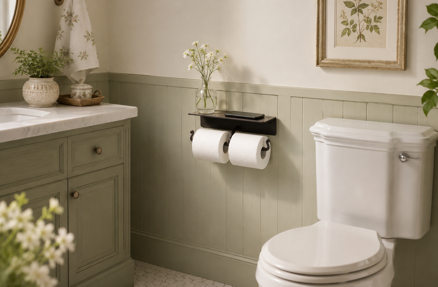 RTZEN wrought iron double rolls toilet paper holder with shelf mounted on sage green beadboard bathroom wall