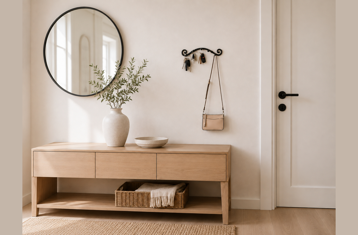 RTZEN wrought iron swirly wall-mounted key holder with 5 hooks holding keys and a crossbody bag in a minimalist entryway with light wood console table and circular mirror