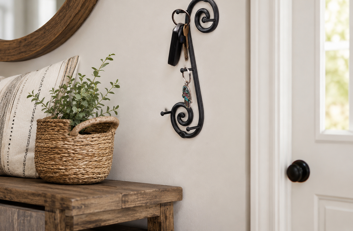 Black vertical wrought iron key holder mounted on a light wall beside a wooden entryway table, next to a white door