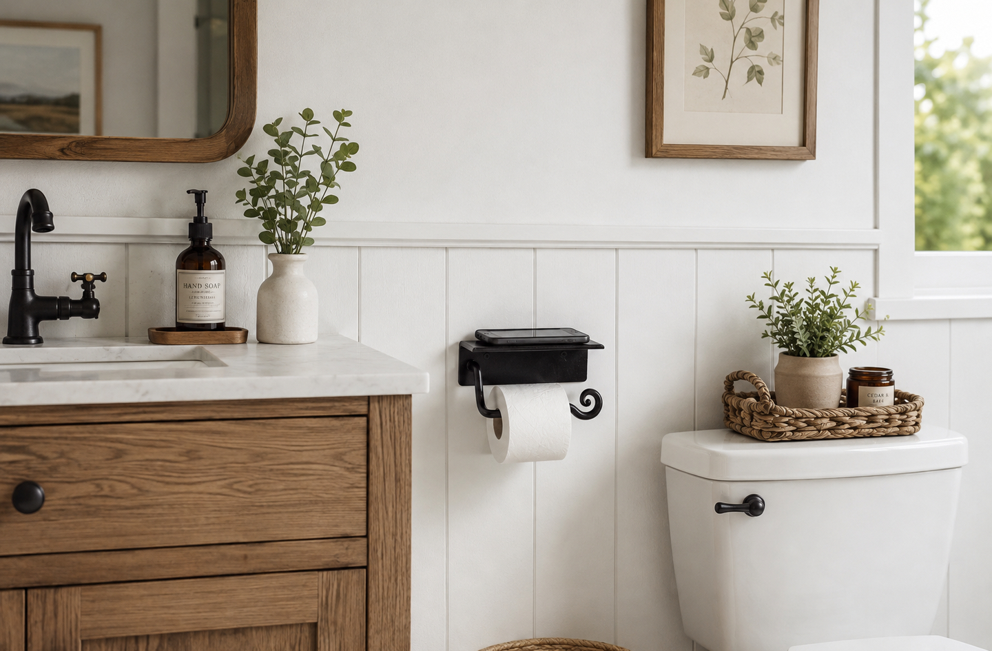 RTZEN wrought iron toilet paper holder with shelf mounted between a wooden vanity and white toilet, with a smartphone resting on the flat top surface