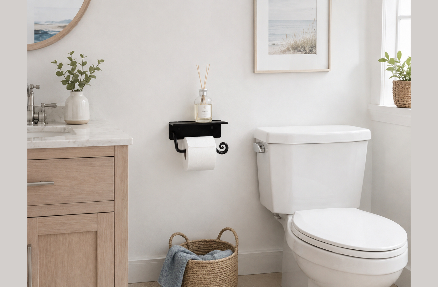 Black wrought iron wall mounted toilet paper holder with shelf installed on white wall between wooden vanity and white toilet
