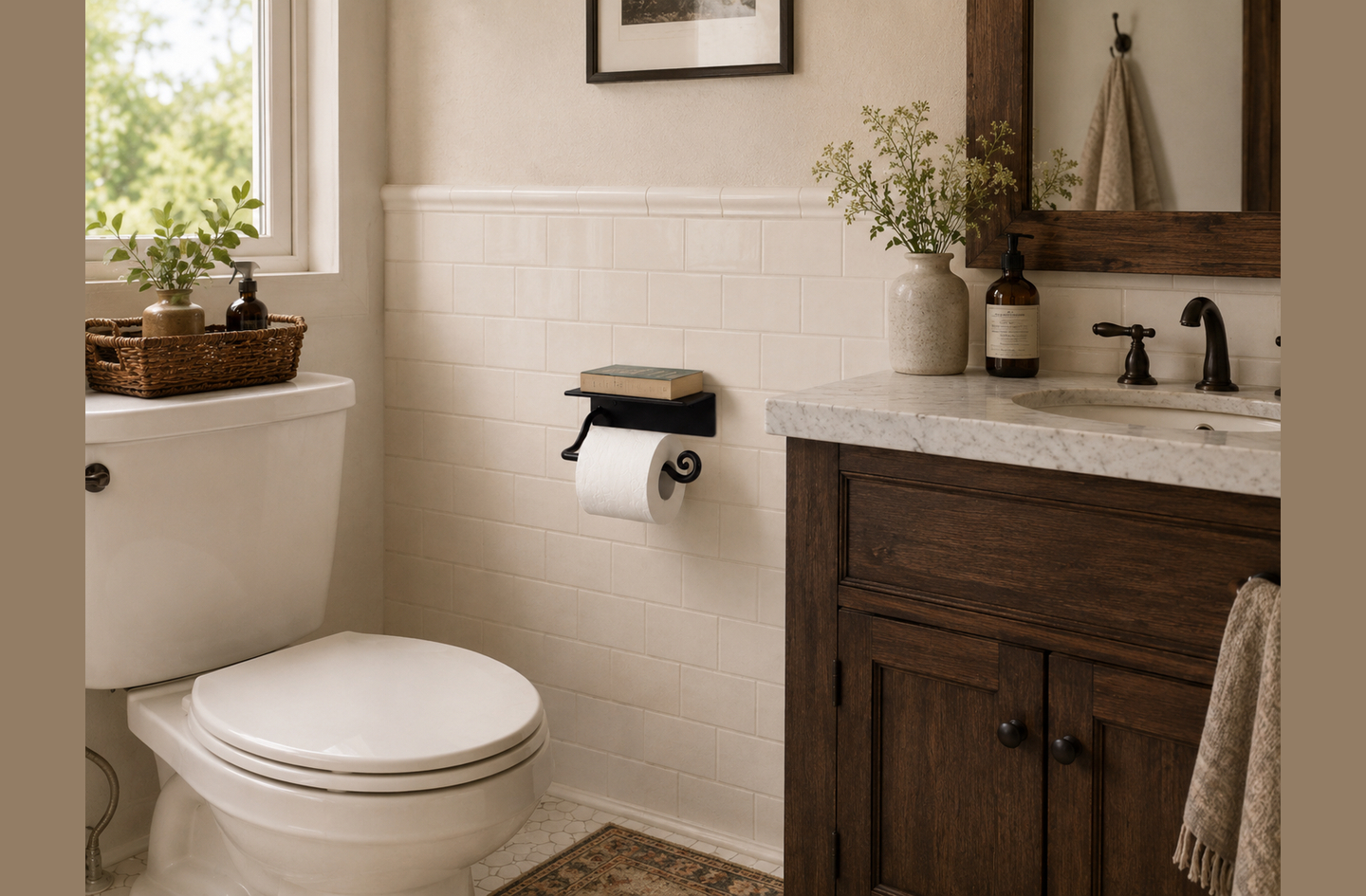 RTZEN wrought iron toilet paper holder with shelf mounted on white subway tile between vanity and toilet