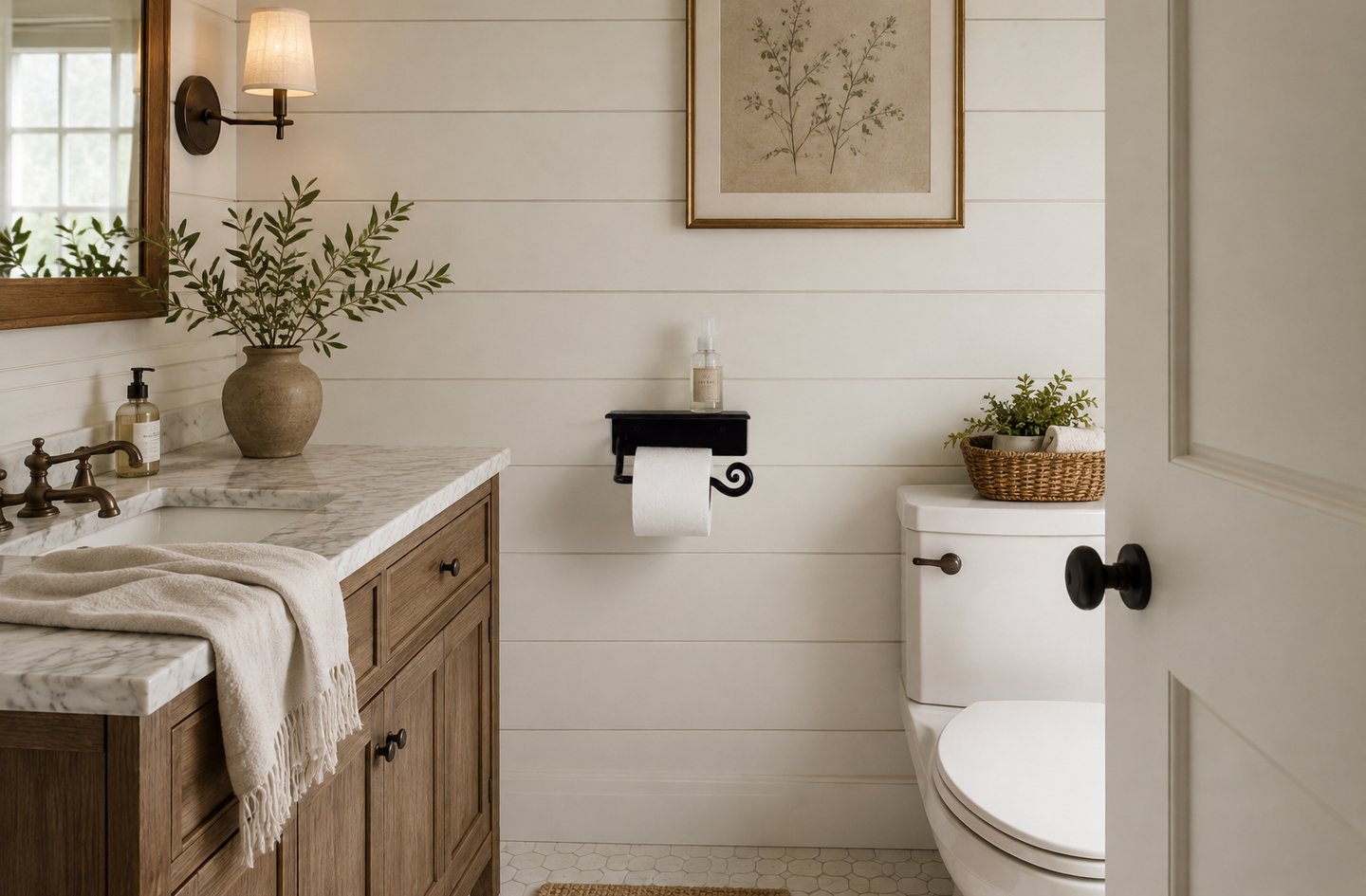 RTZEN wall-mounted toilet paper holder with integrated shelf installed on white shiplap bathroom wall beside wooden vanity
