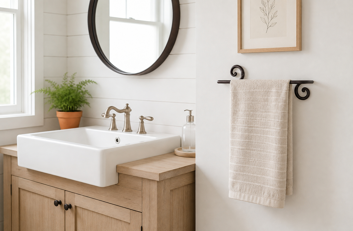 RTZEN swirl-style wrought iron hand towel bar with screw-mounted brackets installed on a white wall beside a farmhouse vanity