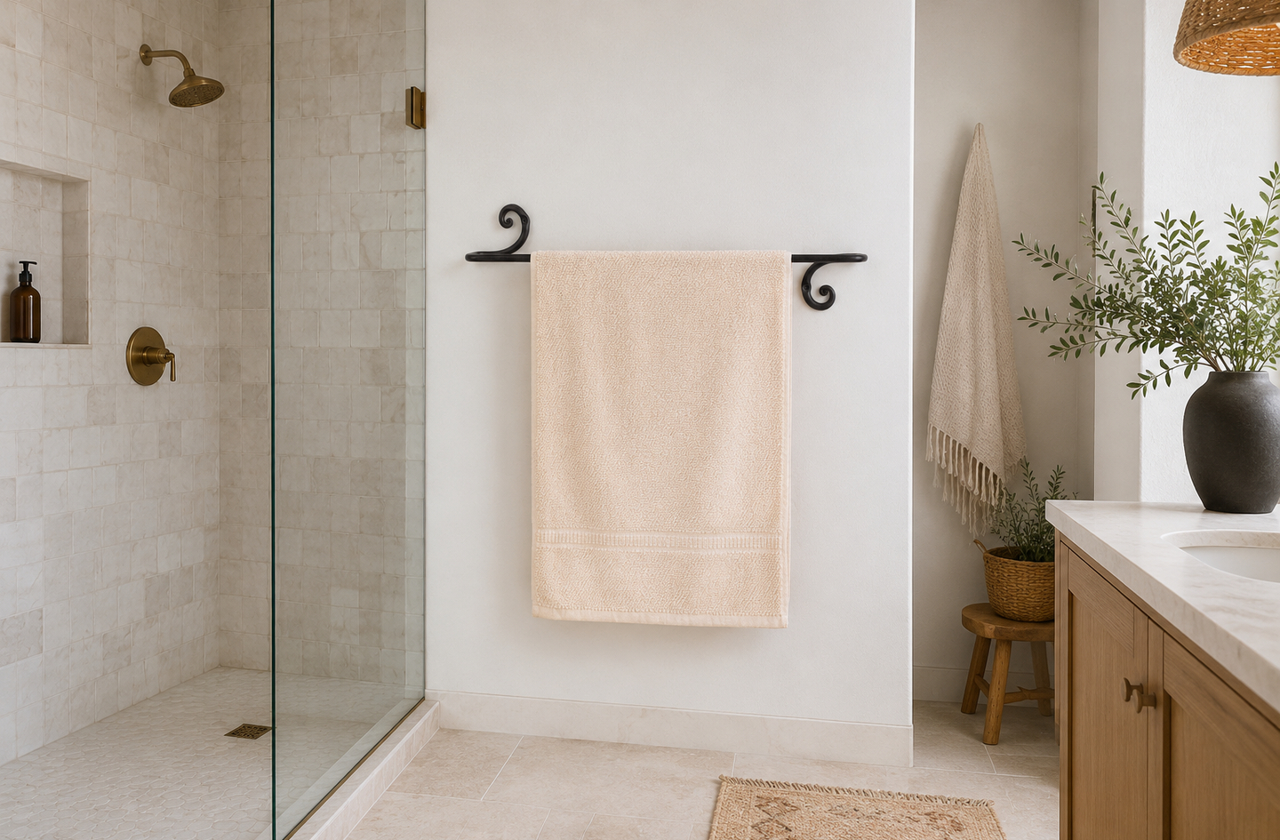 Towel bar size guide: RTZEN swirl-style wrought iron wall-mounted bar with a large beige bath towel hanging in a white bathroom