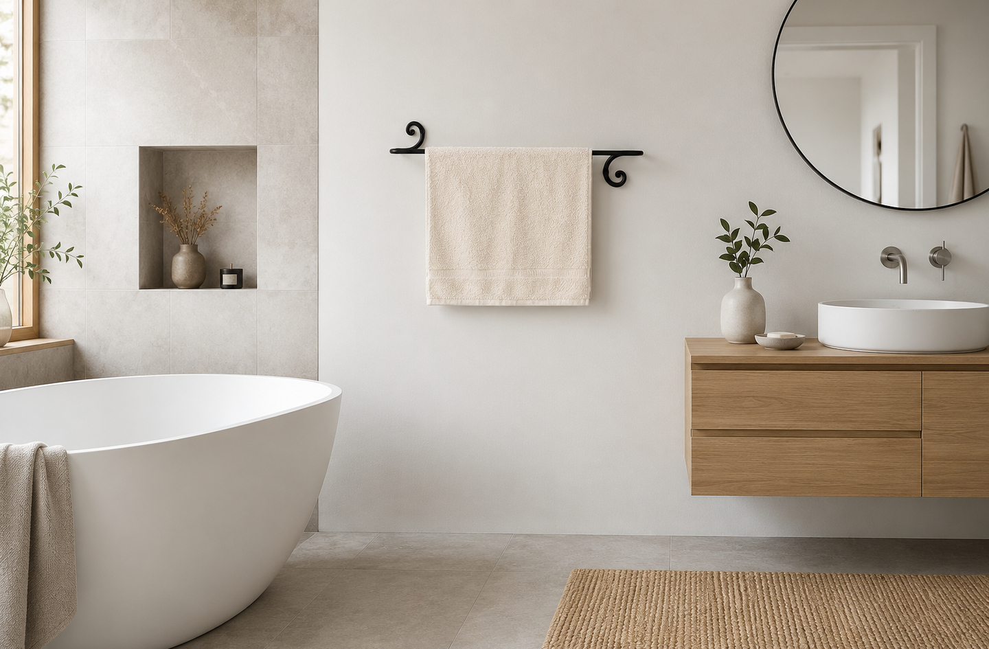 How to install towel bar on a wall: black RTZEN wrought iron swirl-style bar mounted at standard height, holding a folded towel beside a soaking tub