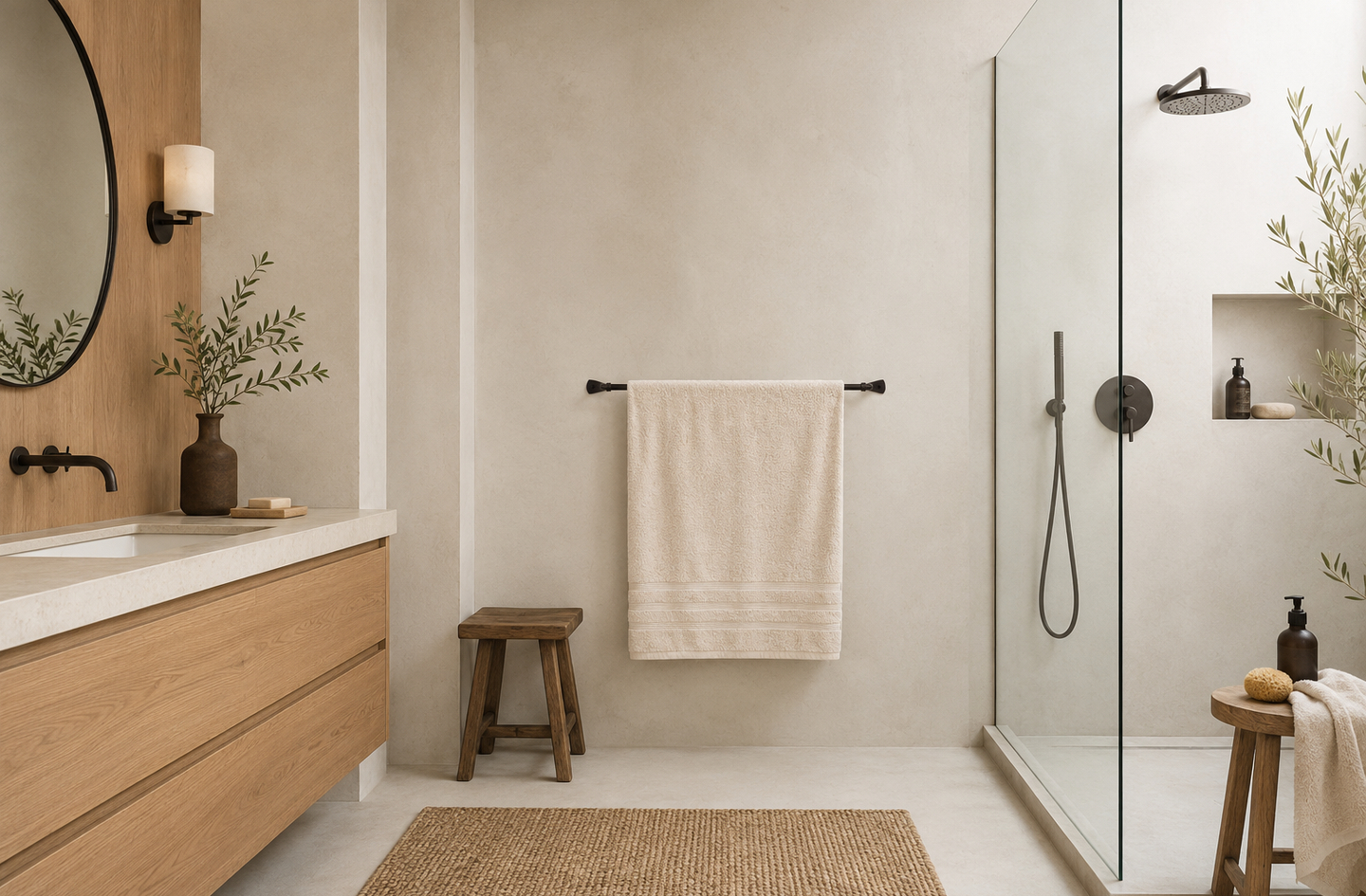 RTZEN Towel Hanger Long Elegant black wrought iron towel bar mounted in modern bathroom with wood cabinetry