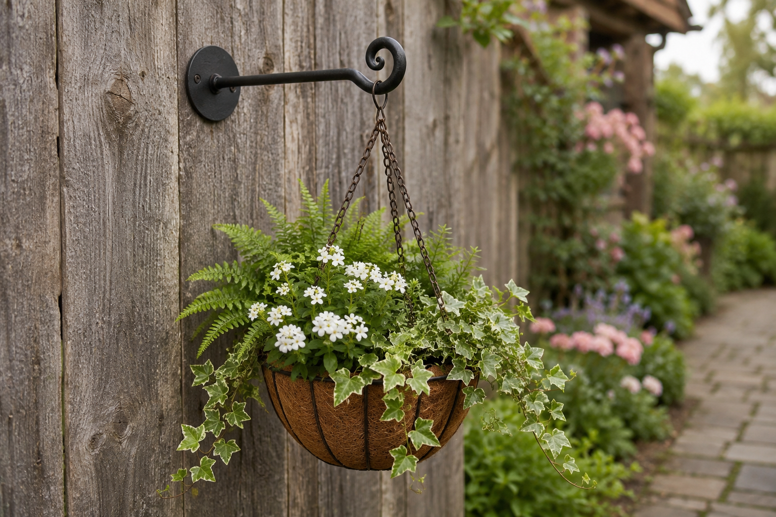 Black iron swirl plant hanger bracket holding a hanging planter of ferns and ivy on a rustic wooden fence