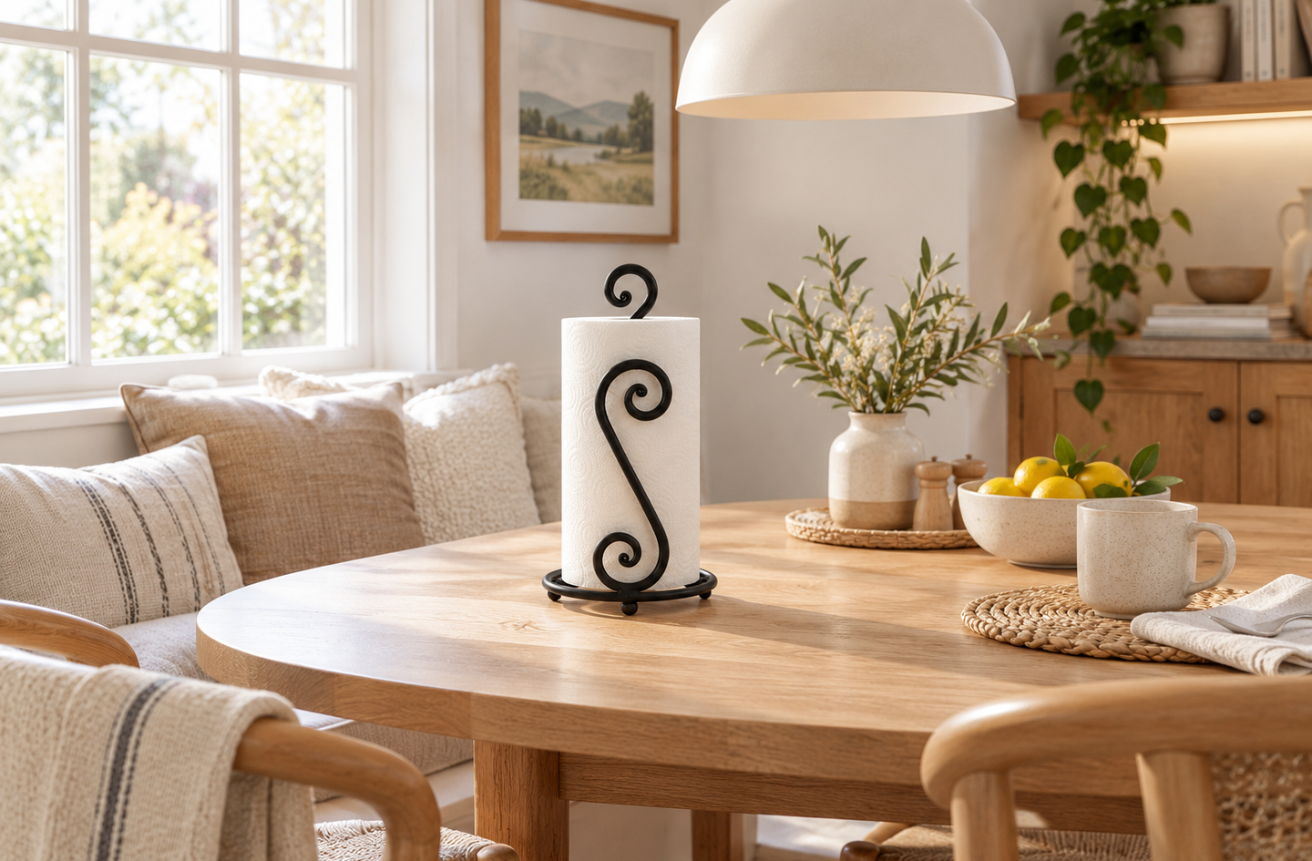 An RTZEN Swirl wrought iron paper towel holder stands centered on a light oak dining table in a brightly lit kitchen, a black metal stand with elegant scrollwork holding a roll of white paper towels beside a vase of greenery, lemons and a ceramic mug.