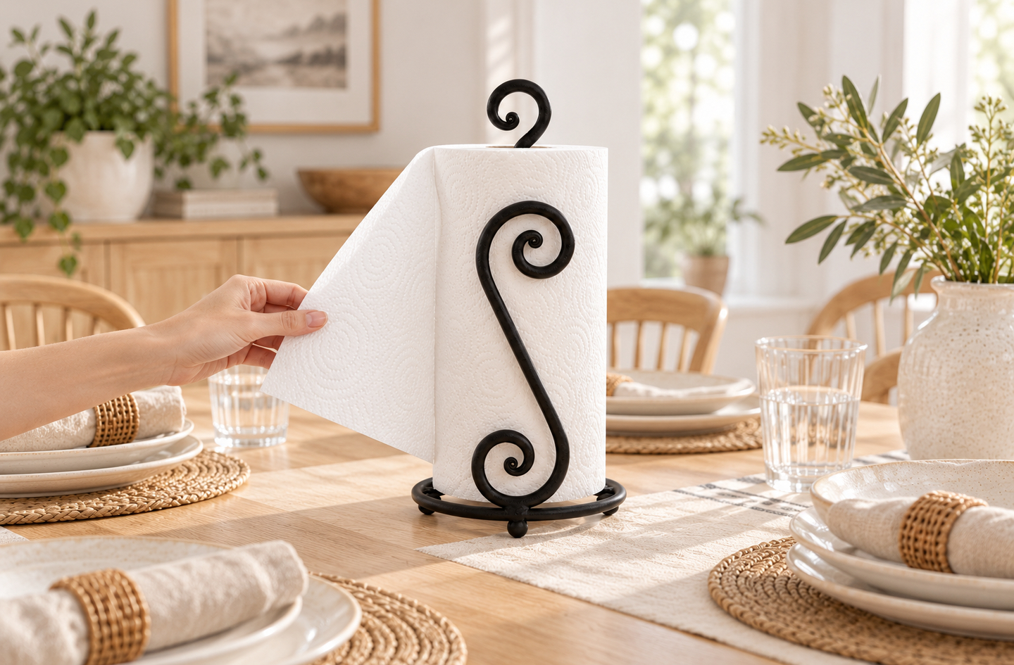 A hand pulls a sheet from a black wrought iron paper towel stand with a swirl design on a wooden dining table set with woven placemats and white plates.