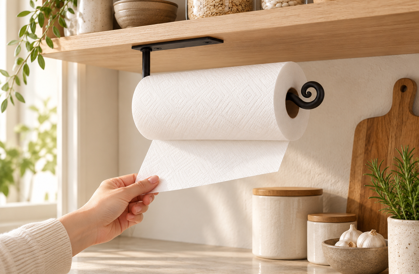 A black wrought iron paper towel holder mounted beneath a wooden shelf in a warm rustic kitchen, with a hand pulling a sheet and pantry jars nearby.
