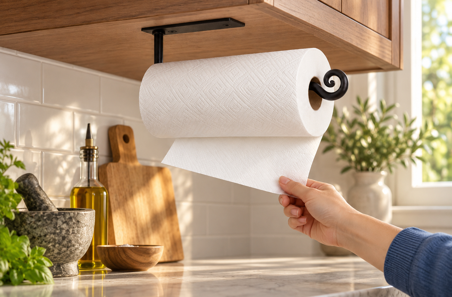 A hand pulls a sheet from an RTZEN under cabinet paper towel holder in black wrought iron with a decorative scroll end, mounted beneath wooden kitchen cabinetry above a countertop with a mortar and pestle, olive oil and a cutting board.