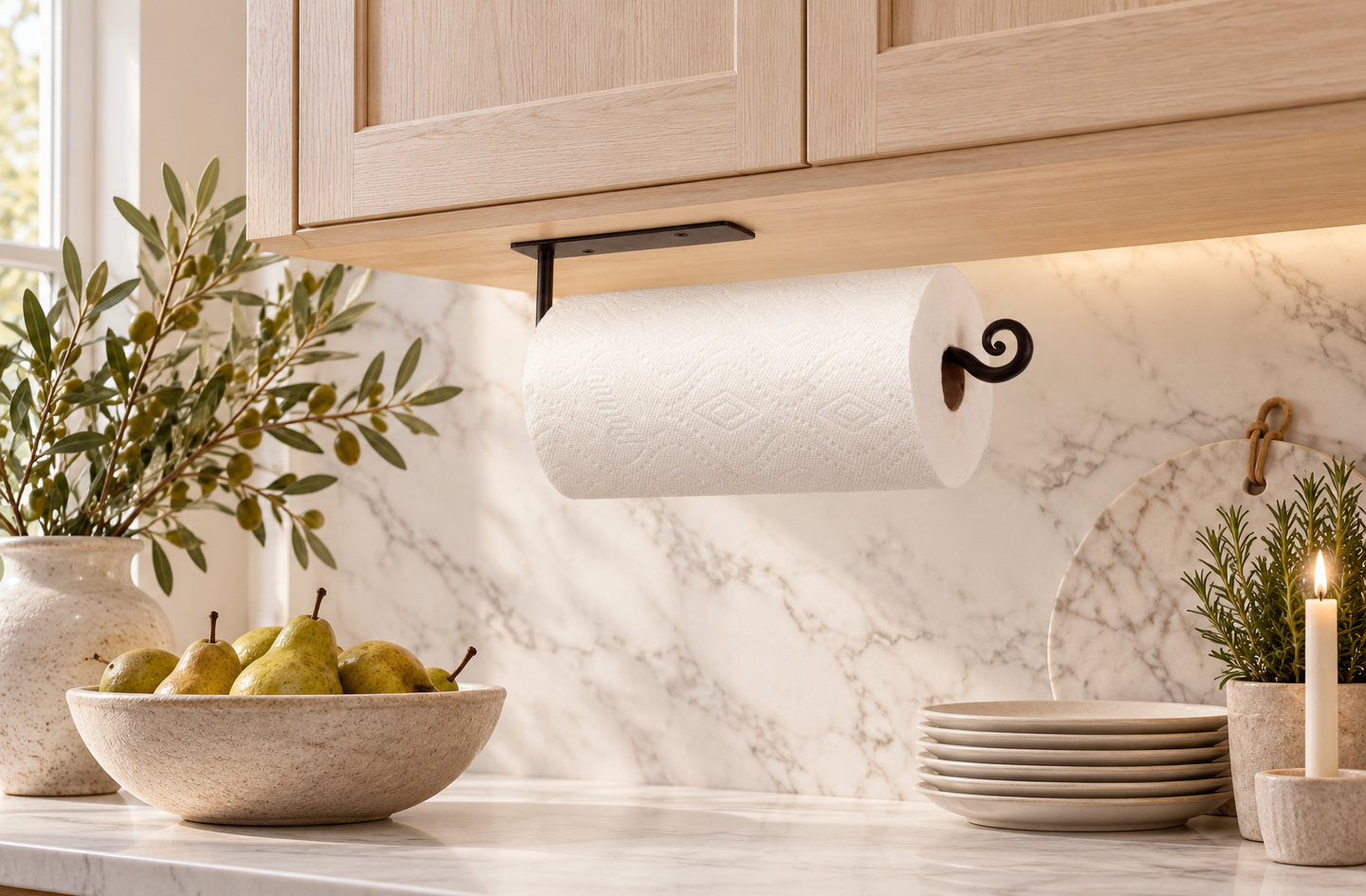 A black wrought iron RTZEN paper towel holder mounted under a light-wood kitchen cabinet holds a standard roll of paper towels above a countertop with a bowl of pears, a stack of ceramic plates, a marble backsplash and a small candle.