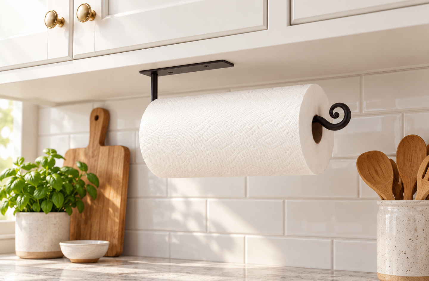 An RTZEN black wrought iron paper towel holder mounted under a white kitchen cabinet holds a standard roll against a white subway tile backsplash, between a potted basil plant and a jar of wooden spoons.