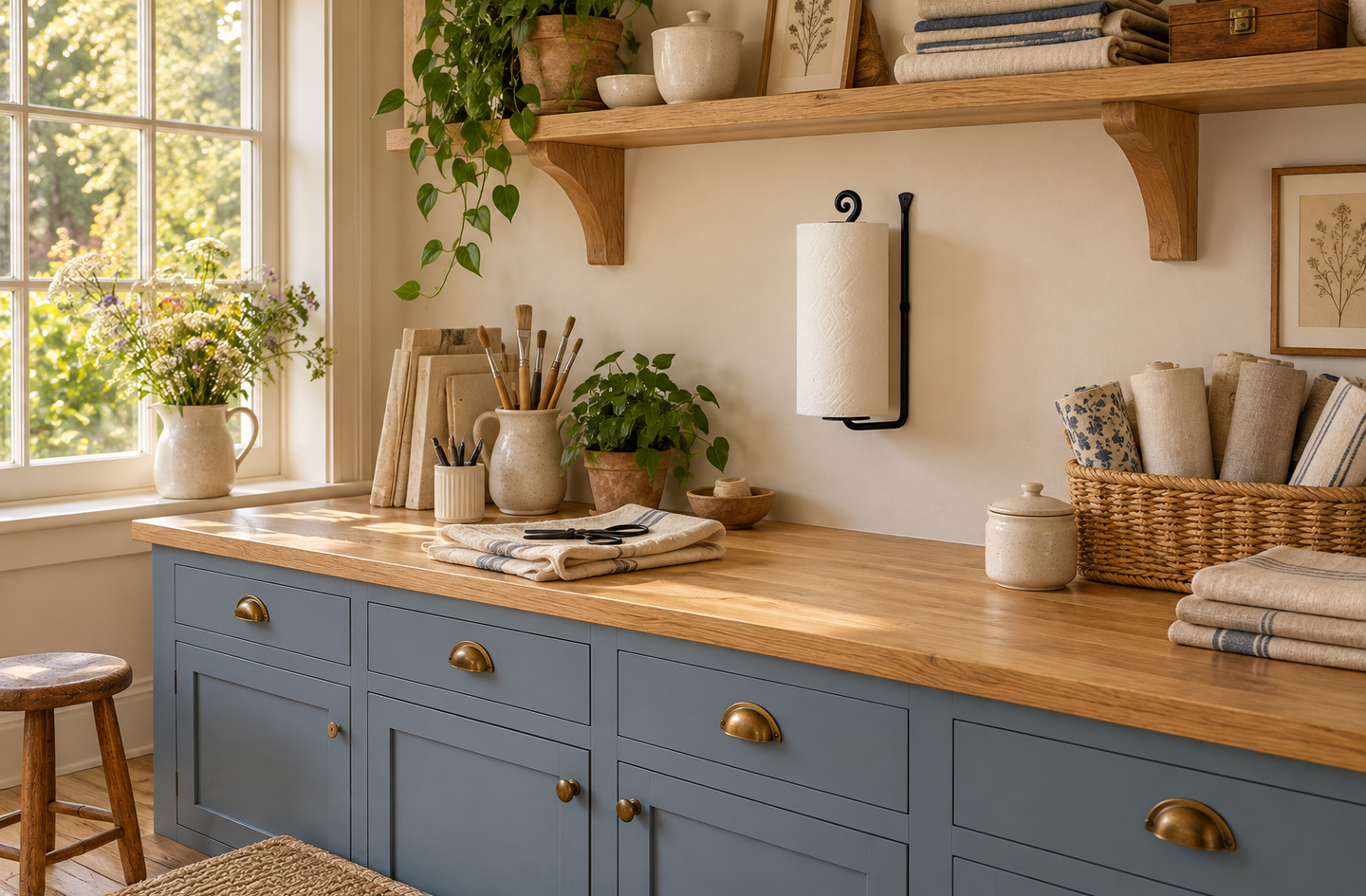 Black wrought iron vertical paper towel holder mounted on the wall above a wooden kitchen counter in a rustic workspace