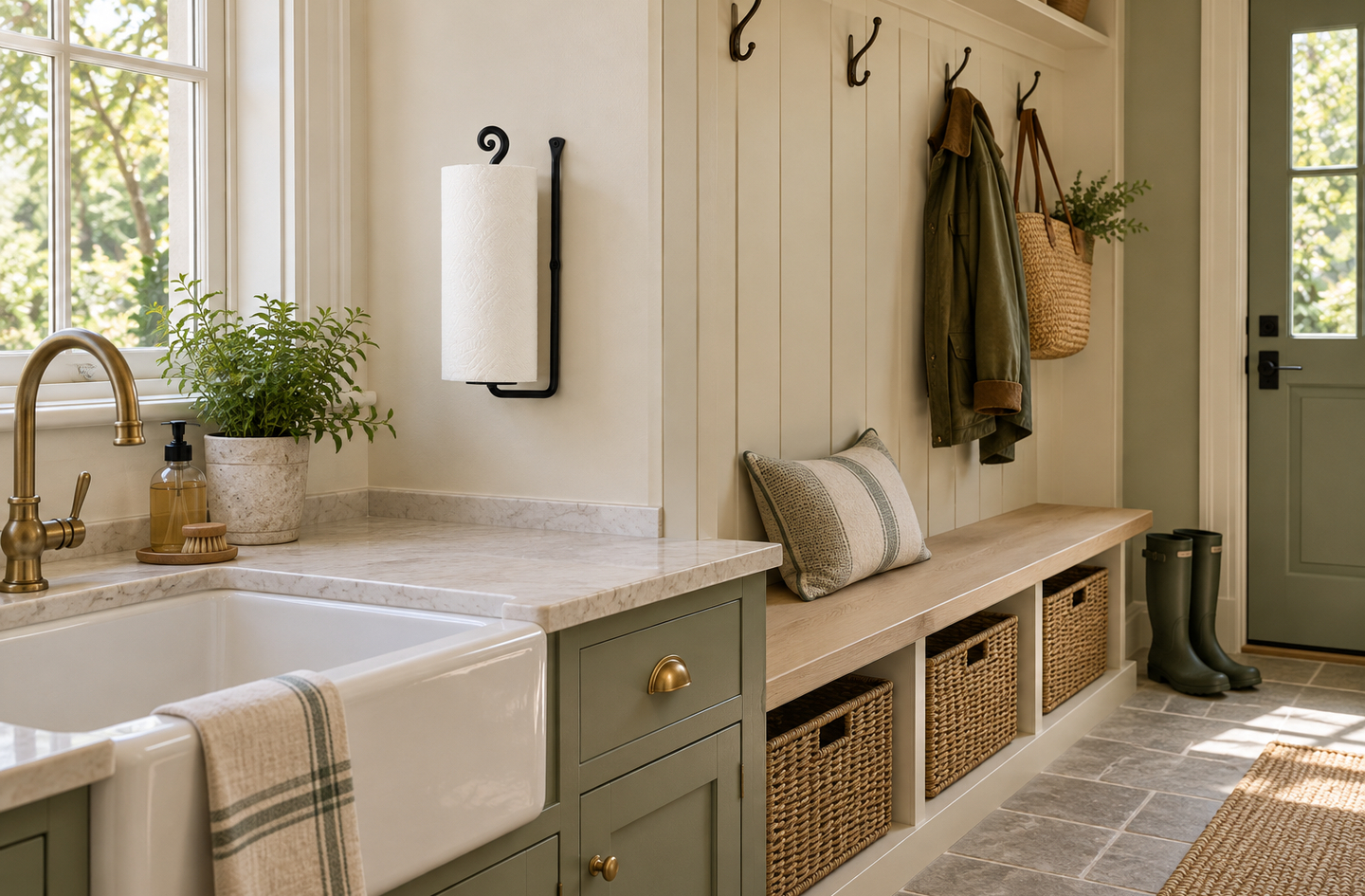 An RTZEN wall mounted paper towel holder in black wrought iron, installed vertically on a light-colored wall next to a farmhouse sink in a mudroom and kitchen area.