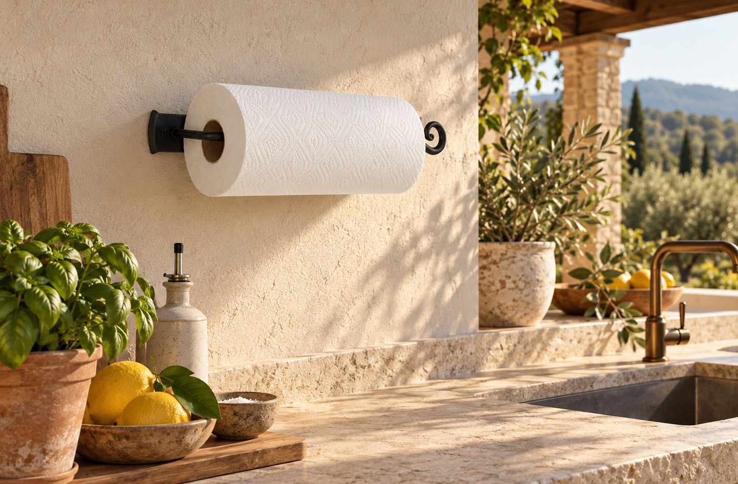 A black wrought iron RTZEN wall-mounted paper towel holder attached horizontally to a textured kitchen wall, holding a standard roll of paper towels above a stone countertop with a potted basil plant, fresh lemons and a brass faucet.