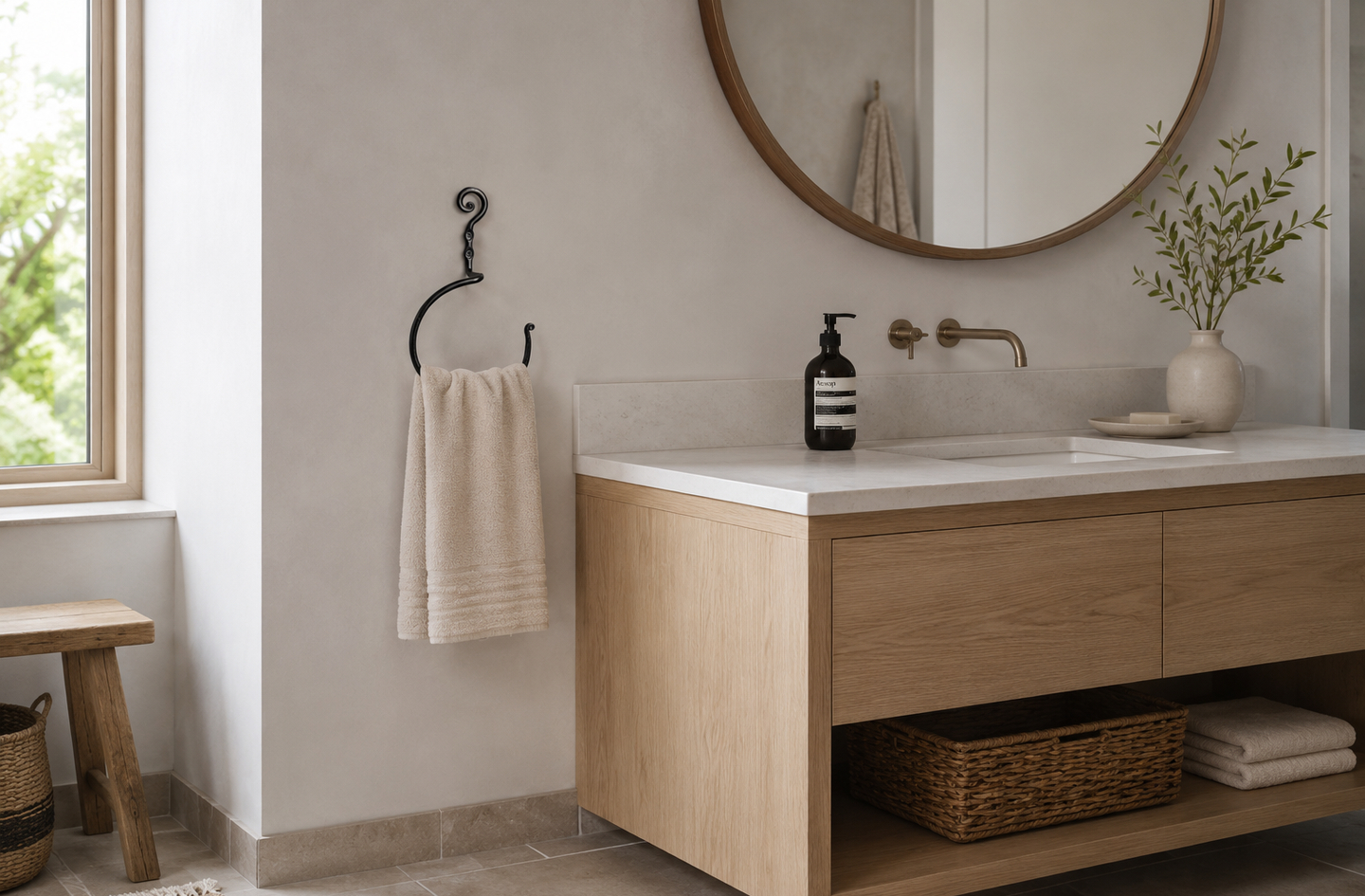 A black circular wrought iron towel holder holds a beige hand towel on a light-colored wall next to a wooden vanity in a modern bathroom with a round mirror.
