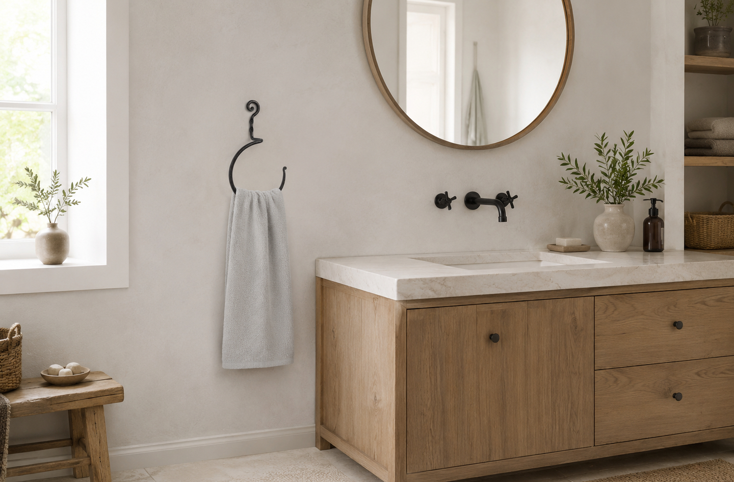 Black wrought iron hand towel holder ring with a light gray hand towel beside a wooden vanity and round mirror in a farmhouse bathroom