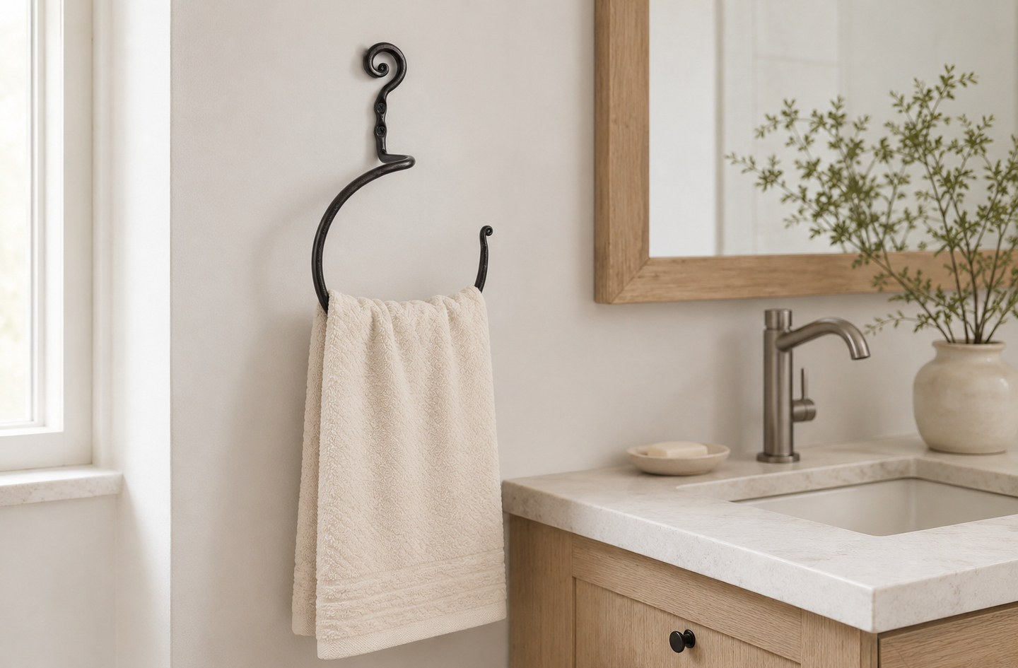 A black wrought iron decorative towel ring with a circular frame holds a light beige hand towel on a neutral wall beside a wooden vanity with a stone countertop.
